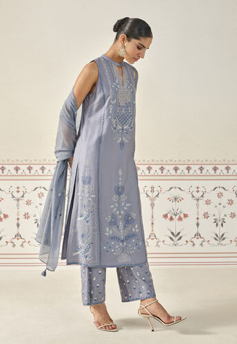 Mayukhi Kantha Silk Suit Set - Slate Grey, Slate Grey, image 3