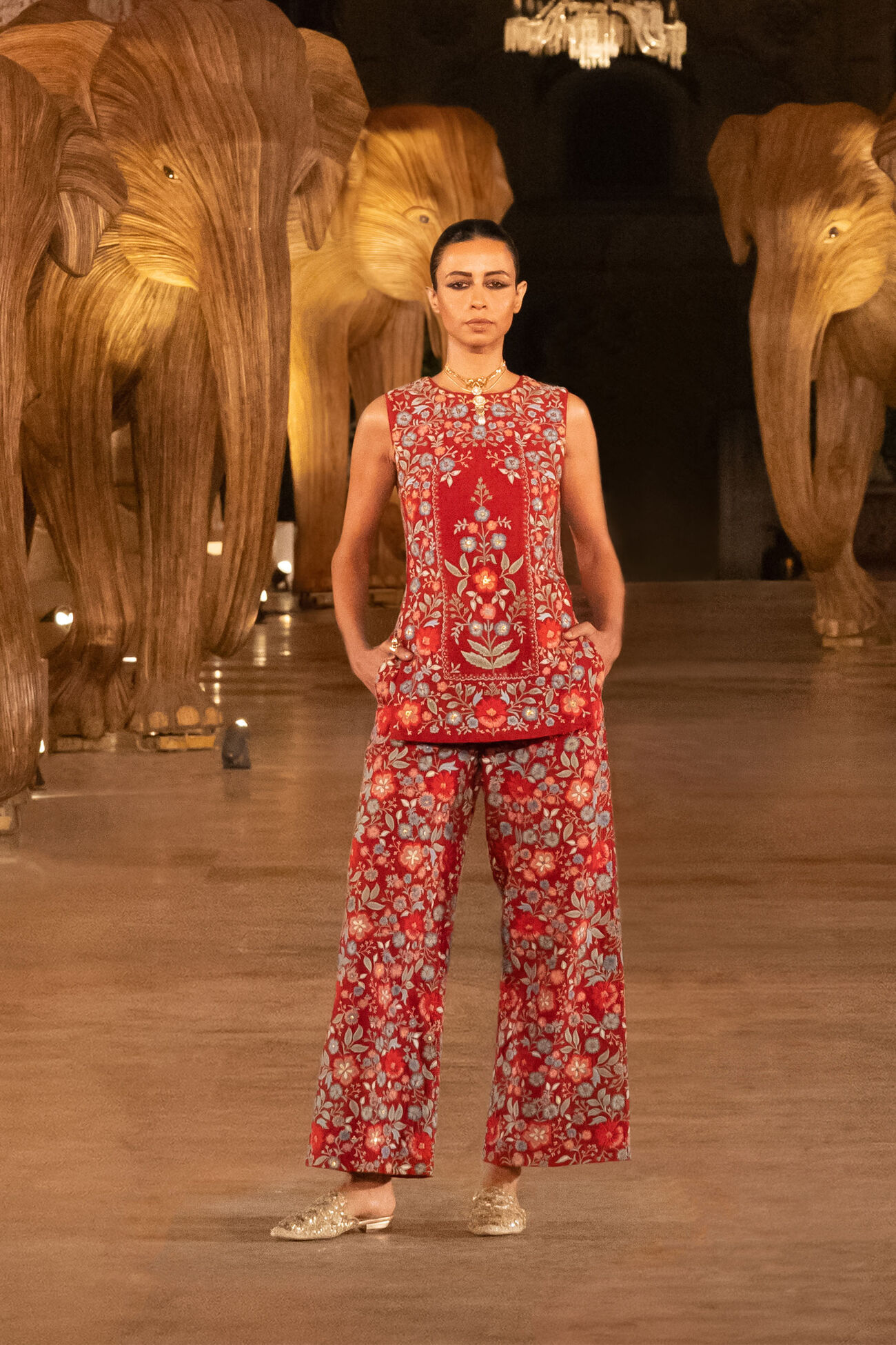 Blooms Of The Wild Embroidered Silk Pant Set - Red, Red, image 4