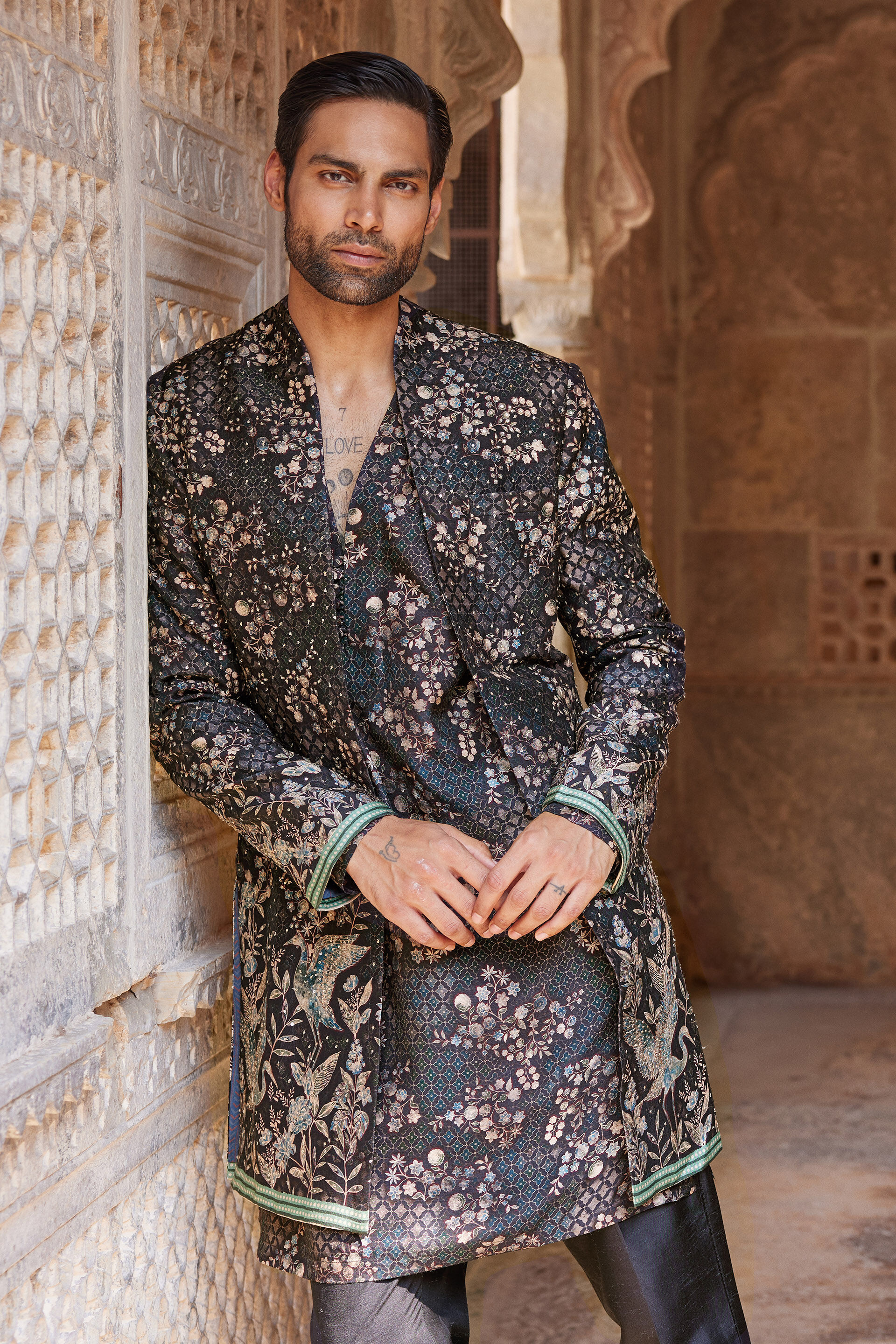 Rukham Printed Silk Sherwani - Black, Black, image 4
