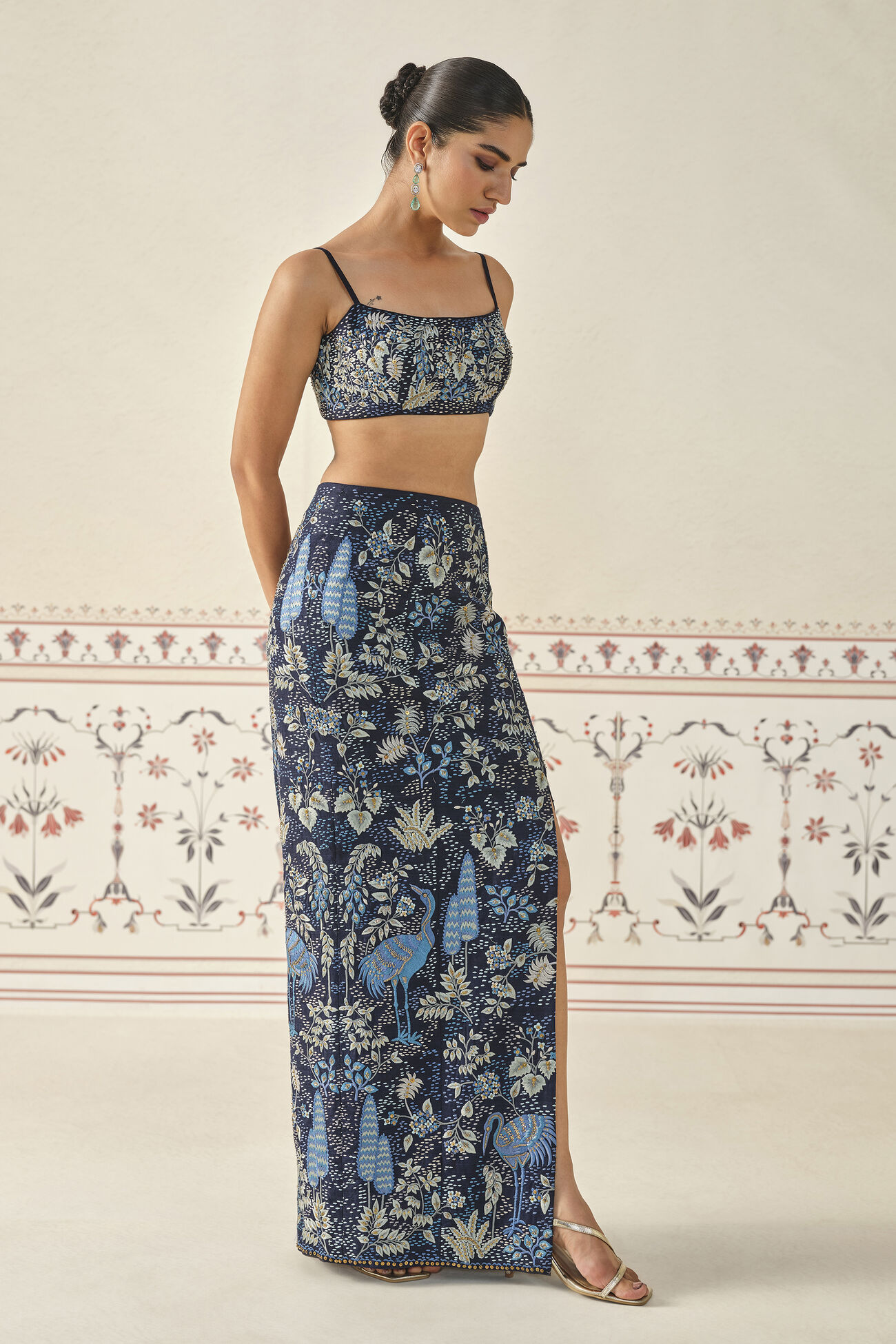 Geosmin Embroidered Zardozi Silk Skirt Set - Blue, Navy, image 3