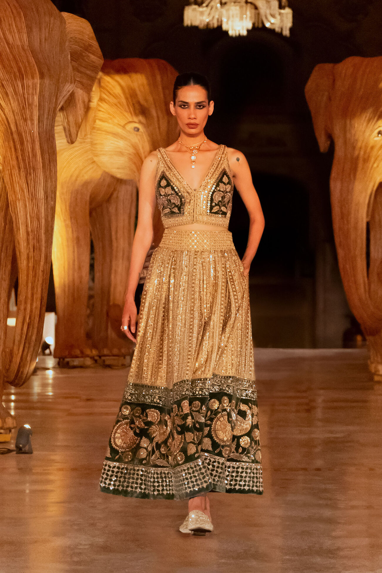 Heart of The Forest Embroidered Zardozi Skirt Set - Gold, Gold, image 6
