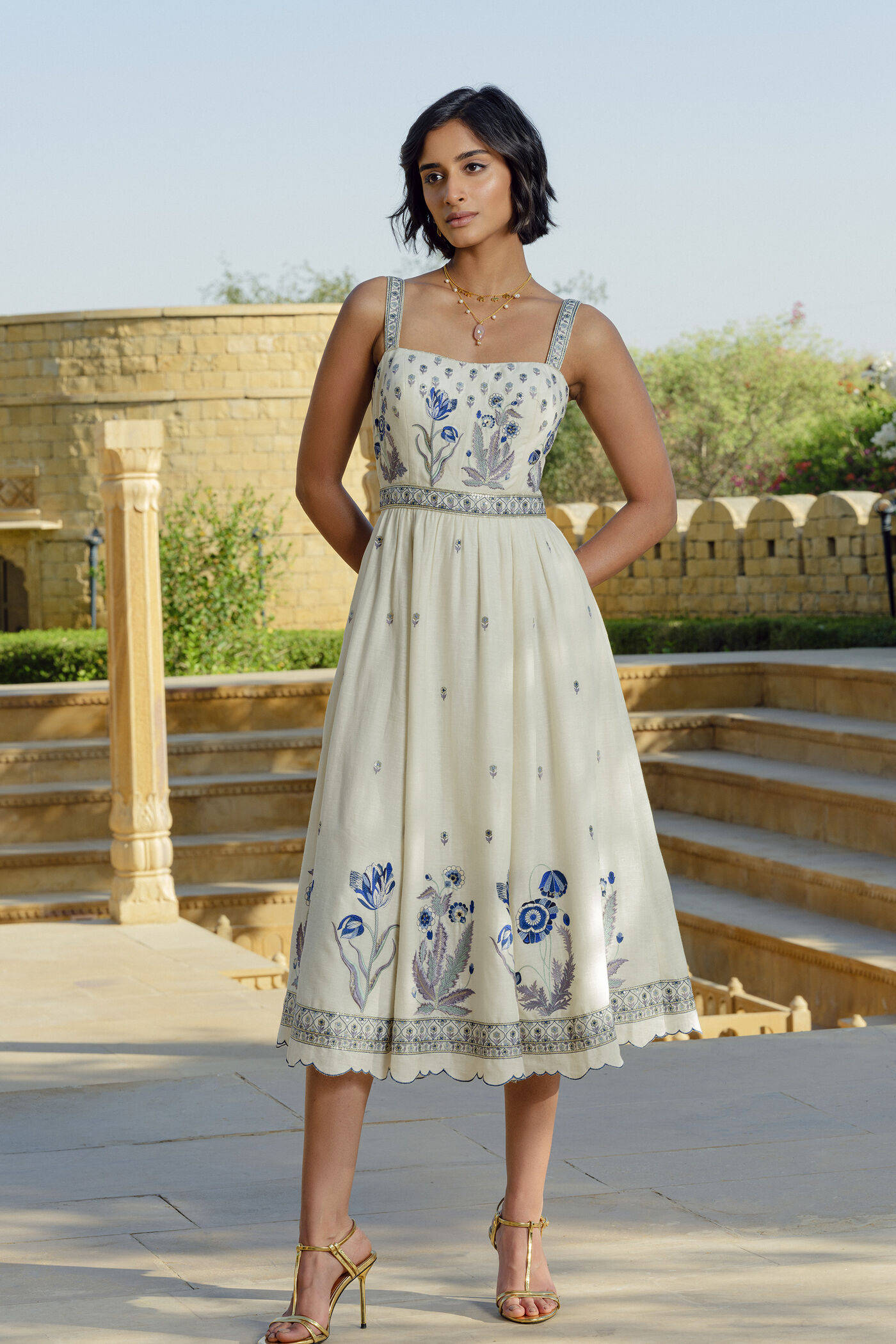 Buy Designer Emalia Embroidered Linen Dress Natural Online from Anit