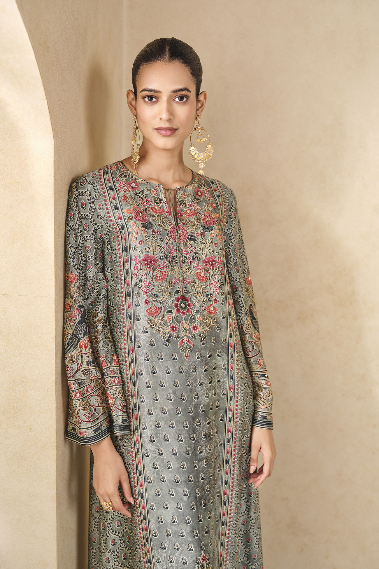 Sahra Printed Silk Kaftan, Sage, image 4