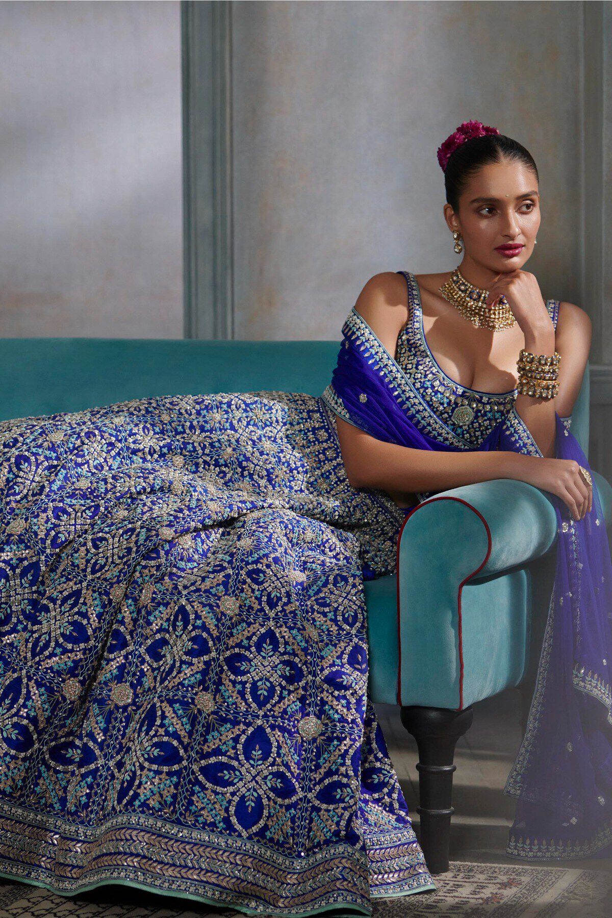 PUSHPA NAVY BLUE Designer Lehenga Choli With Heavy Embroidery Work With  Moti Work in Lehenga &