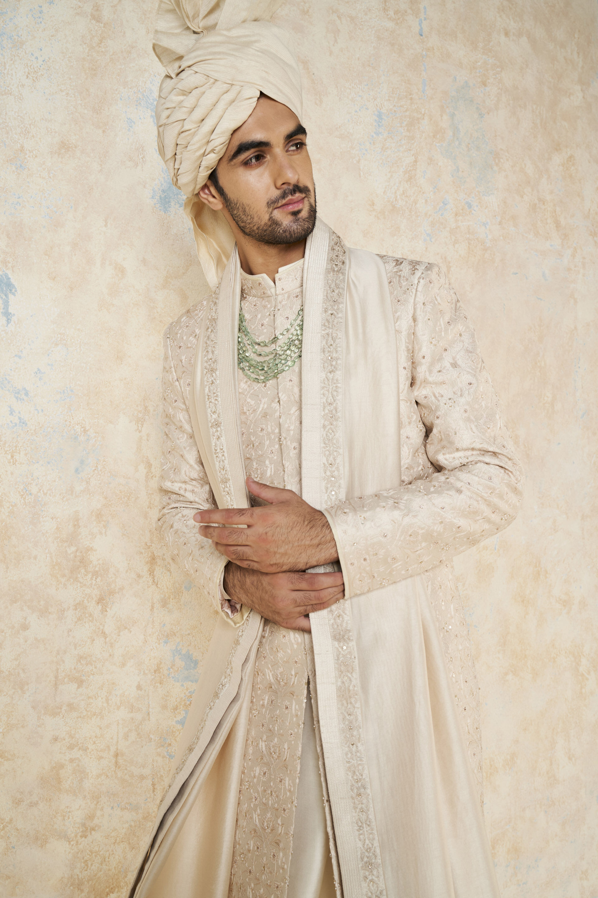 Aajay Zardozi & Aari Silk Sherwani - Ecru, Ecru, image 7