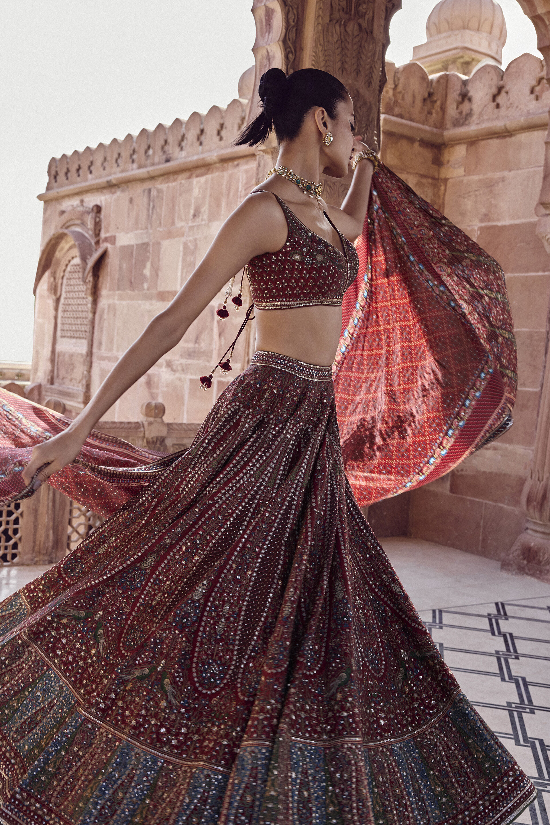 Amalaka Silk Lehenga Set - Deep Red, Red, image 3