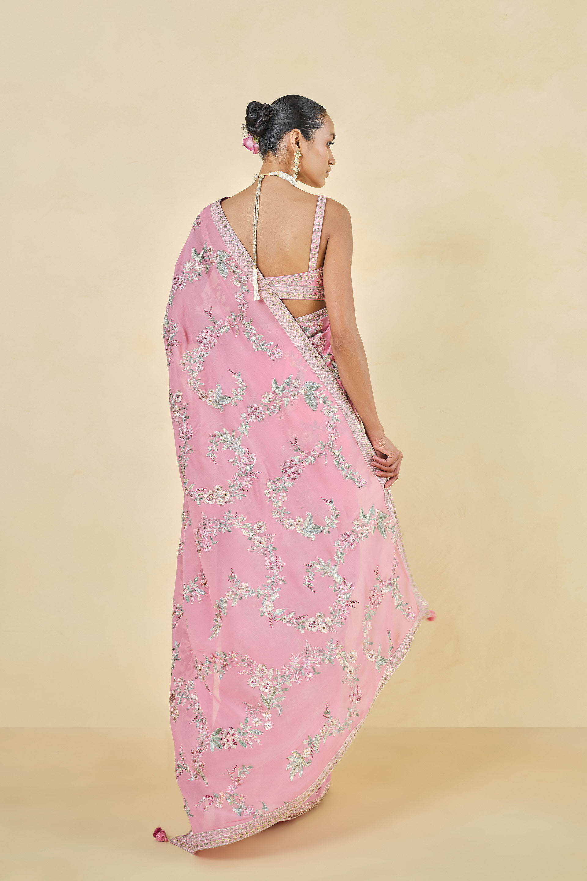 Dianthus Embroidered Georgette Saree, Pink, image 3
