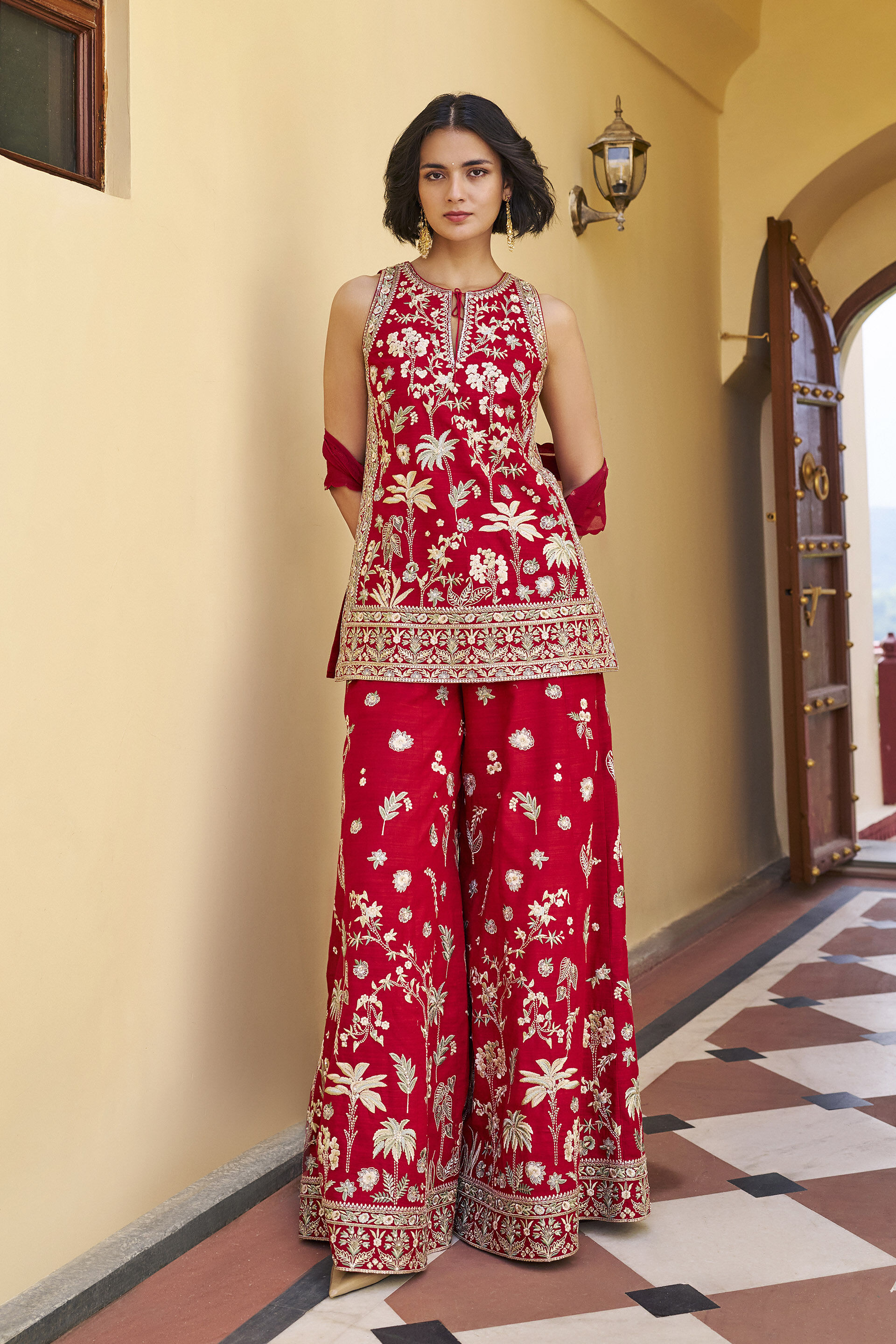 Ardour Embroidered Zardozi Silk Sharara Set - ​Red