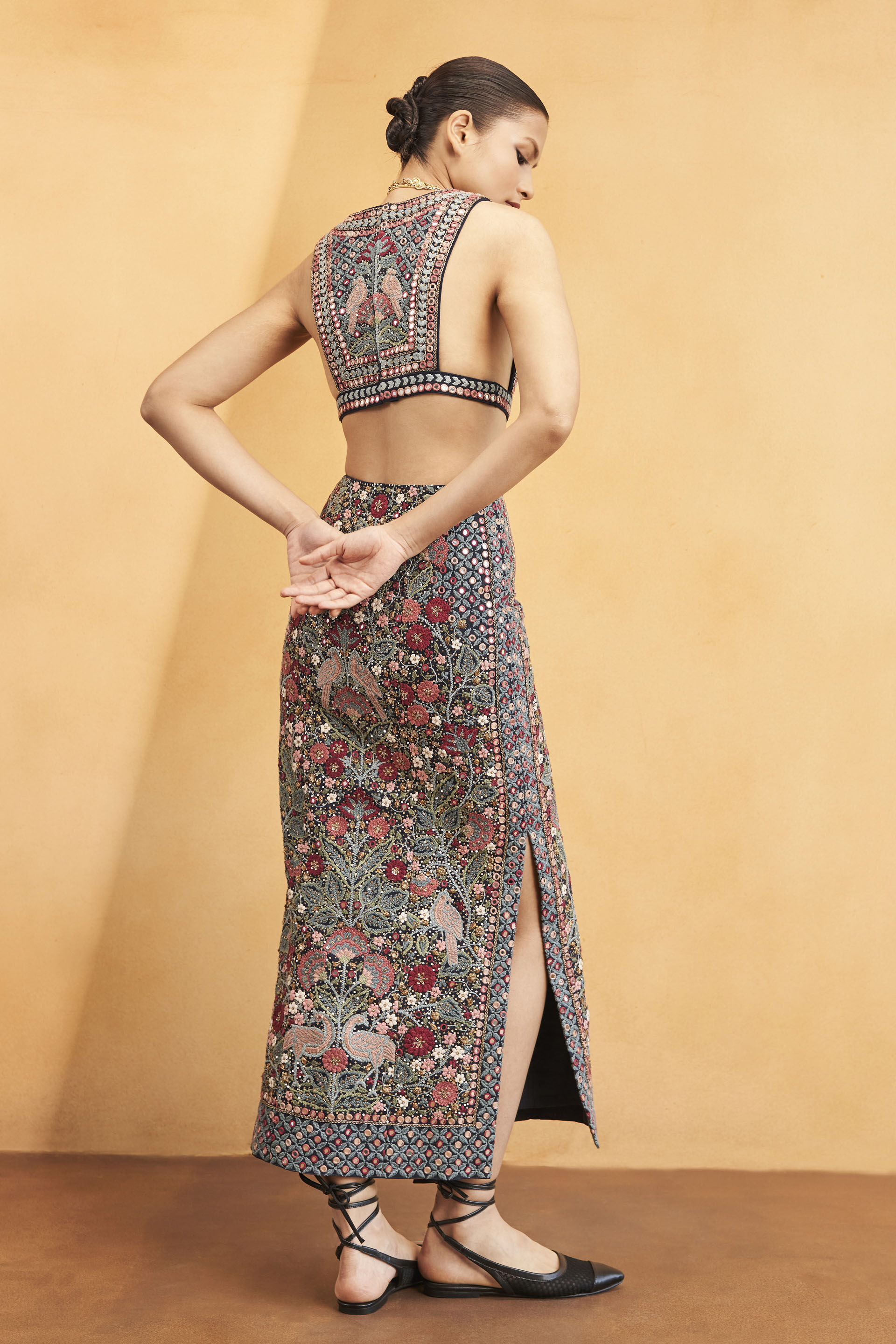 Symphony Of The Wilderness Zardozi & Mirror Embroidered Silk Skirt Set - Blue, Blue, image 4