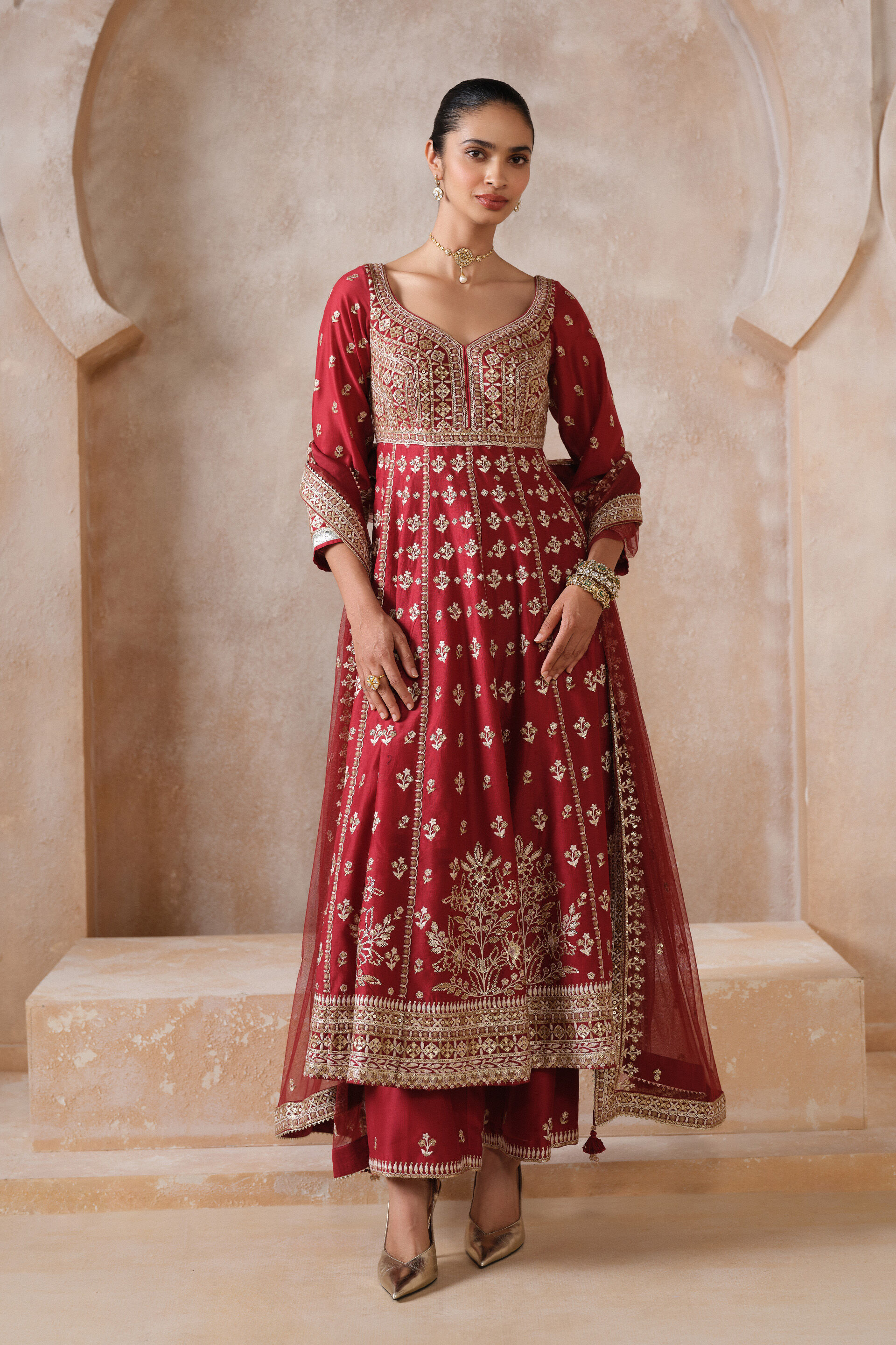 Triyama Embroidered Silk Anarkali Set - Red