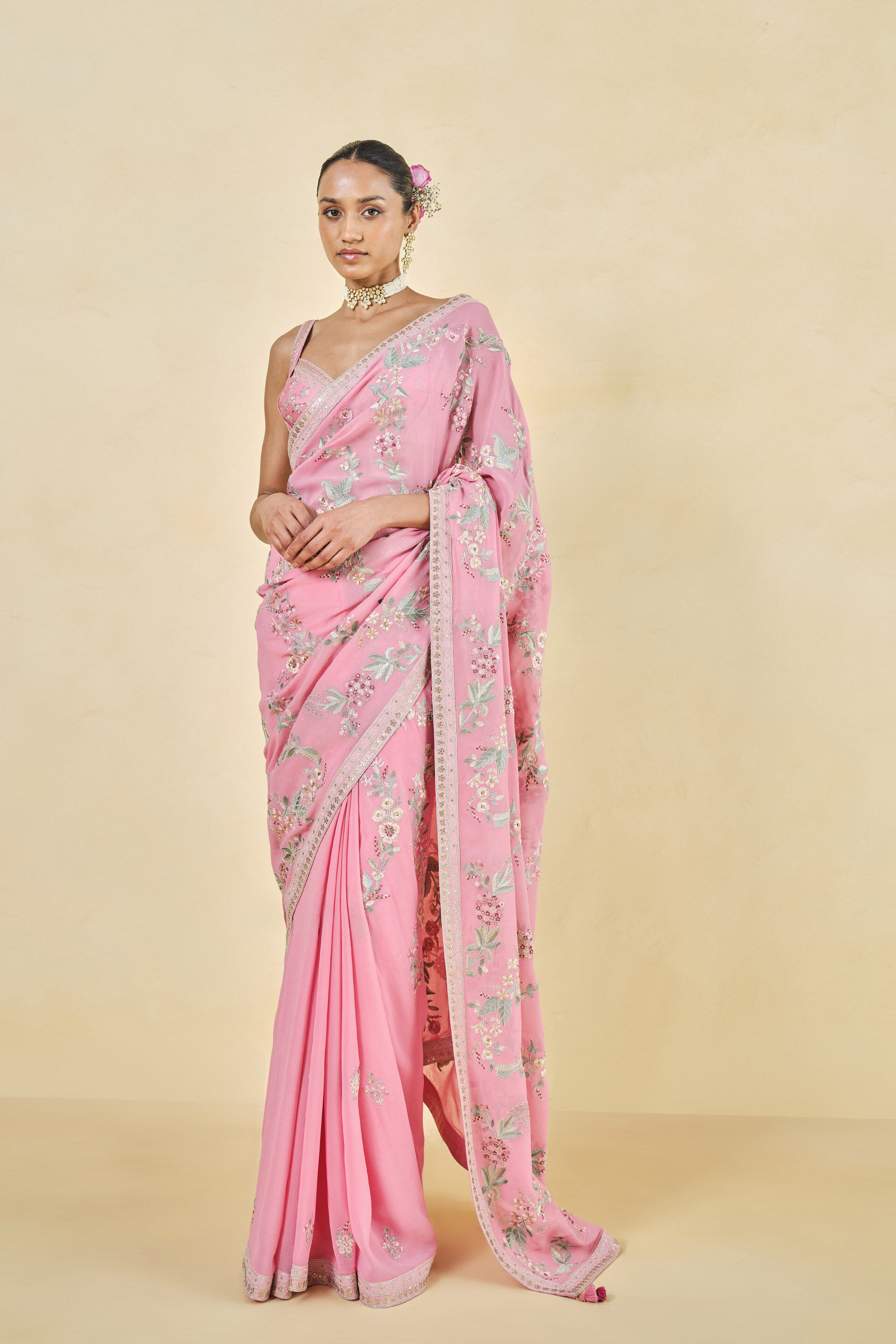 Dianthus Embroidered Georgette Saree, Pink, image 1