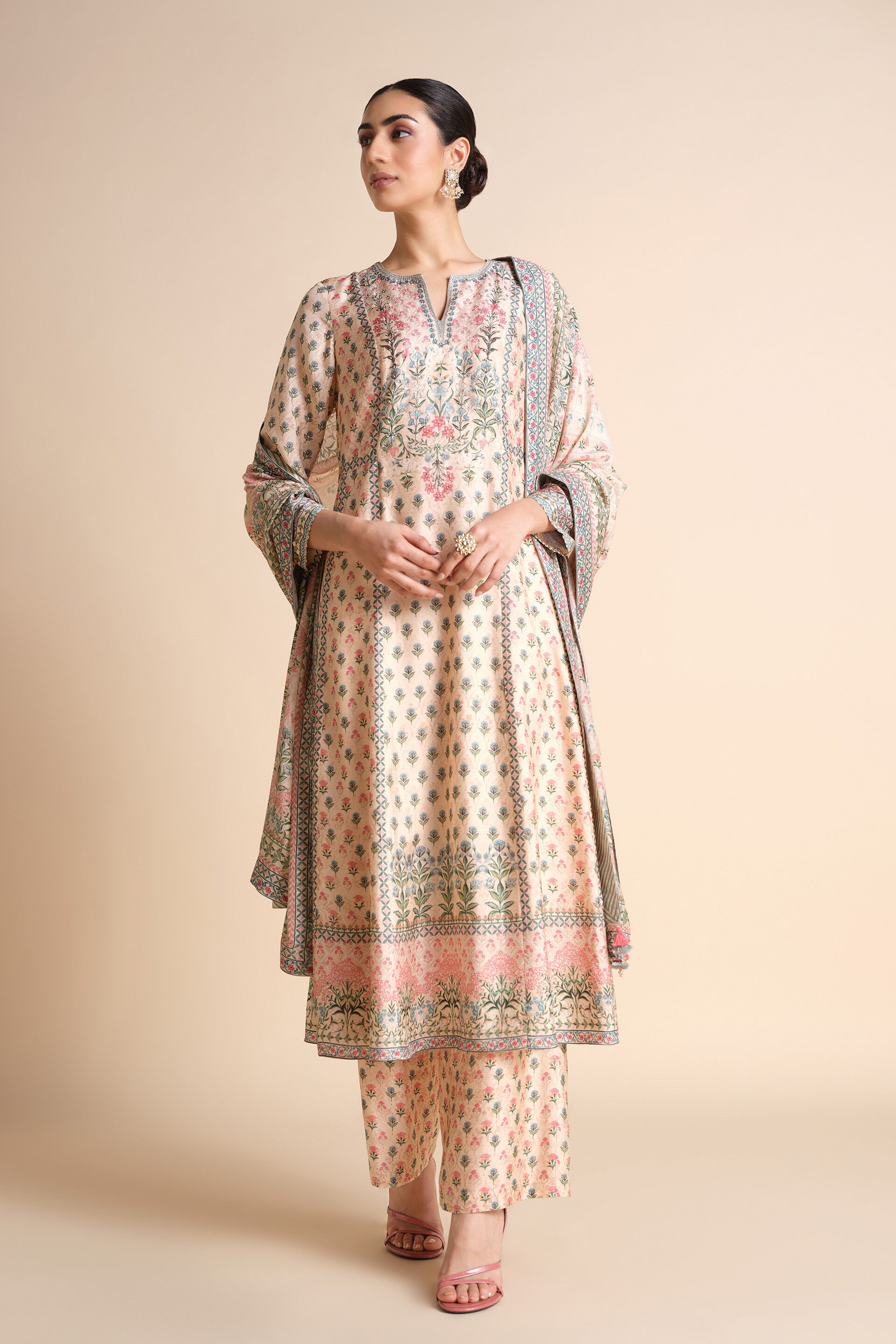Indivarini Printed Silk Anarkali - Ivory