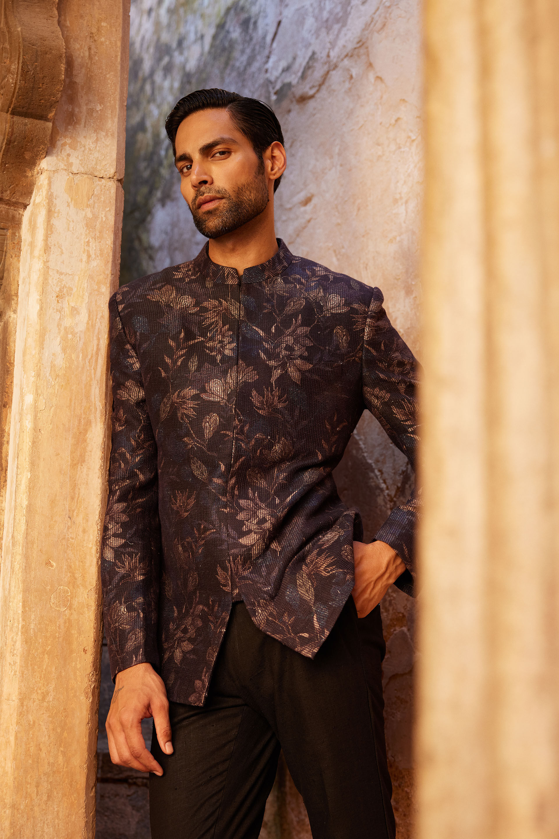 Rahin Printed Silk Bandhgala - Navy, Navy, image 4