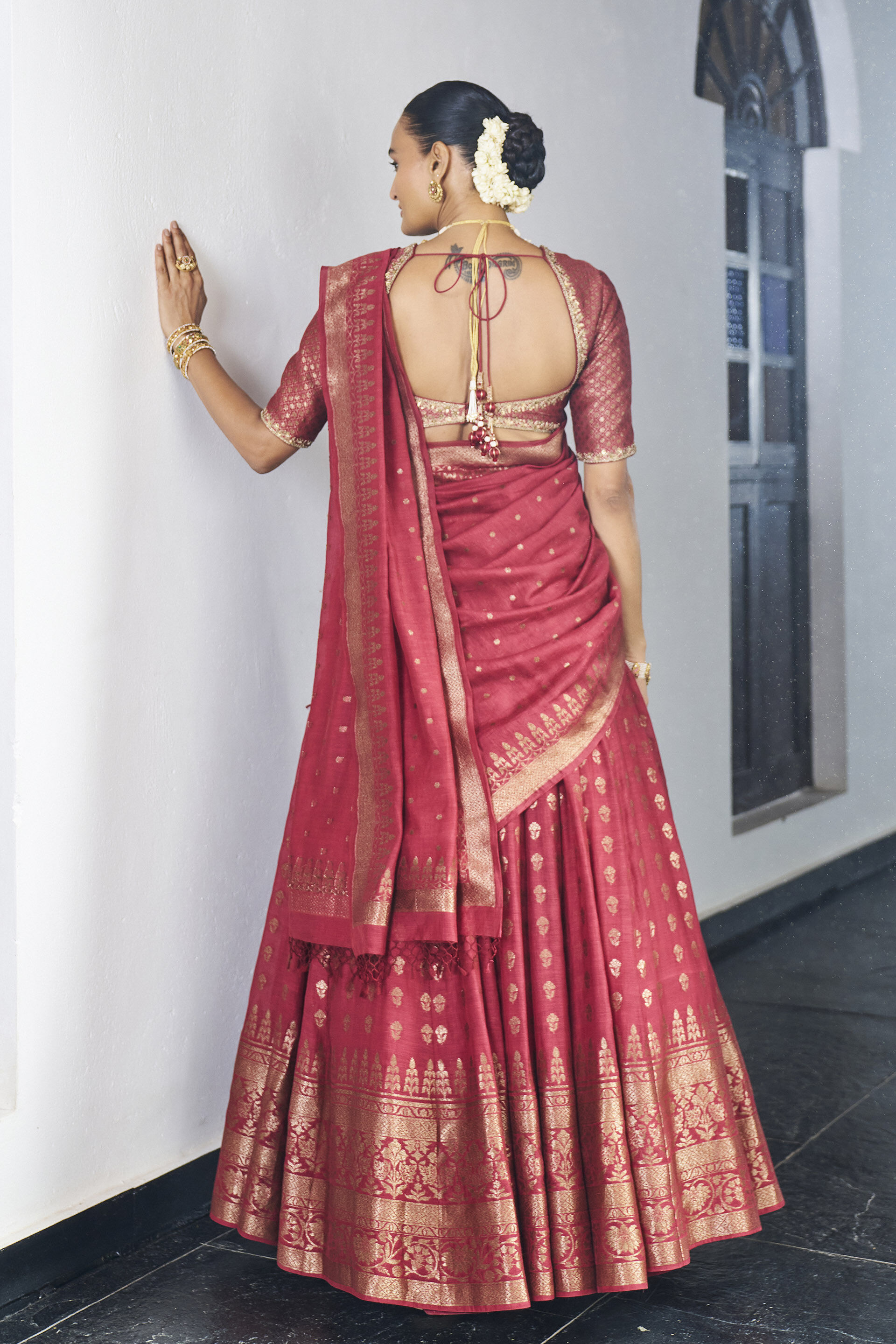 Maname Benarasi Mul Lehenga&nbsp;Set - Maroon