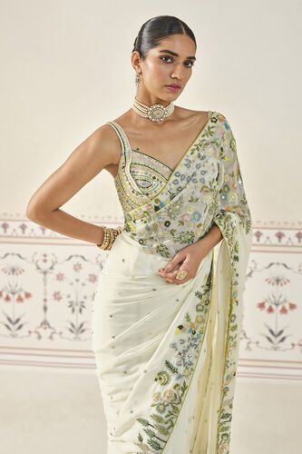 Rema Embroidered Bemberg Saree Set - Cream, Cream, image 5