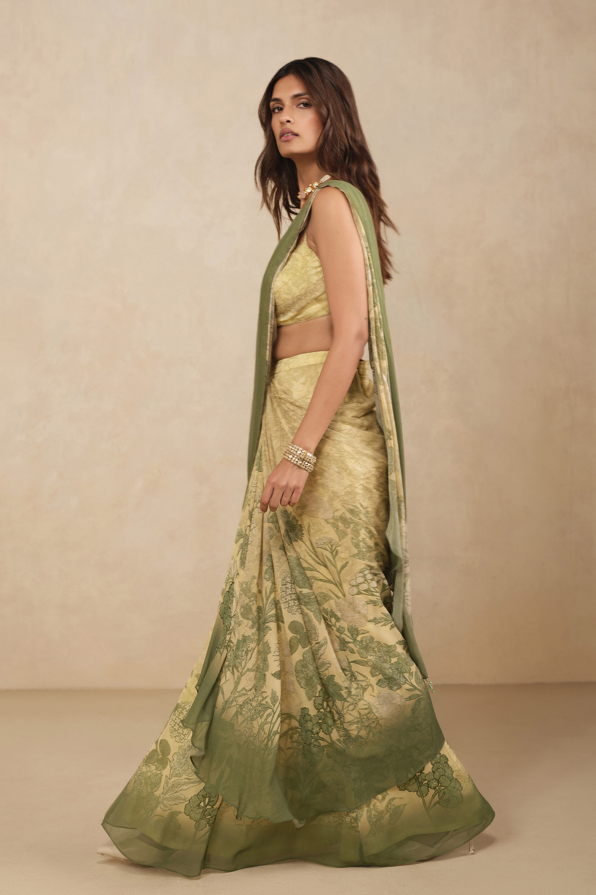 Esma Chiffon Pre-draped Saree - Yellow, Yellow, image 3
