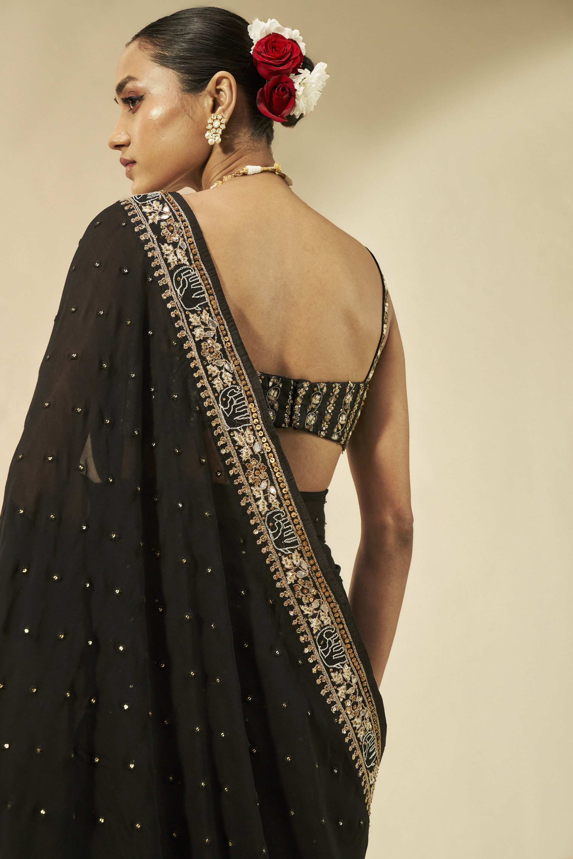 Vanani Embroidered Gota Patti Saree- Black, Black, image 3