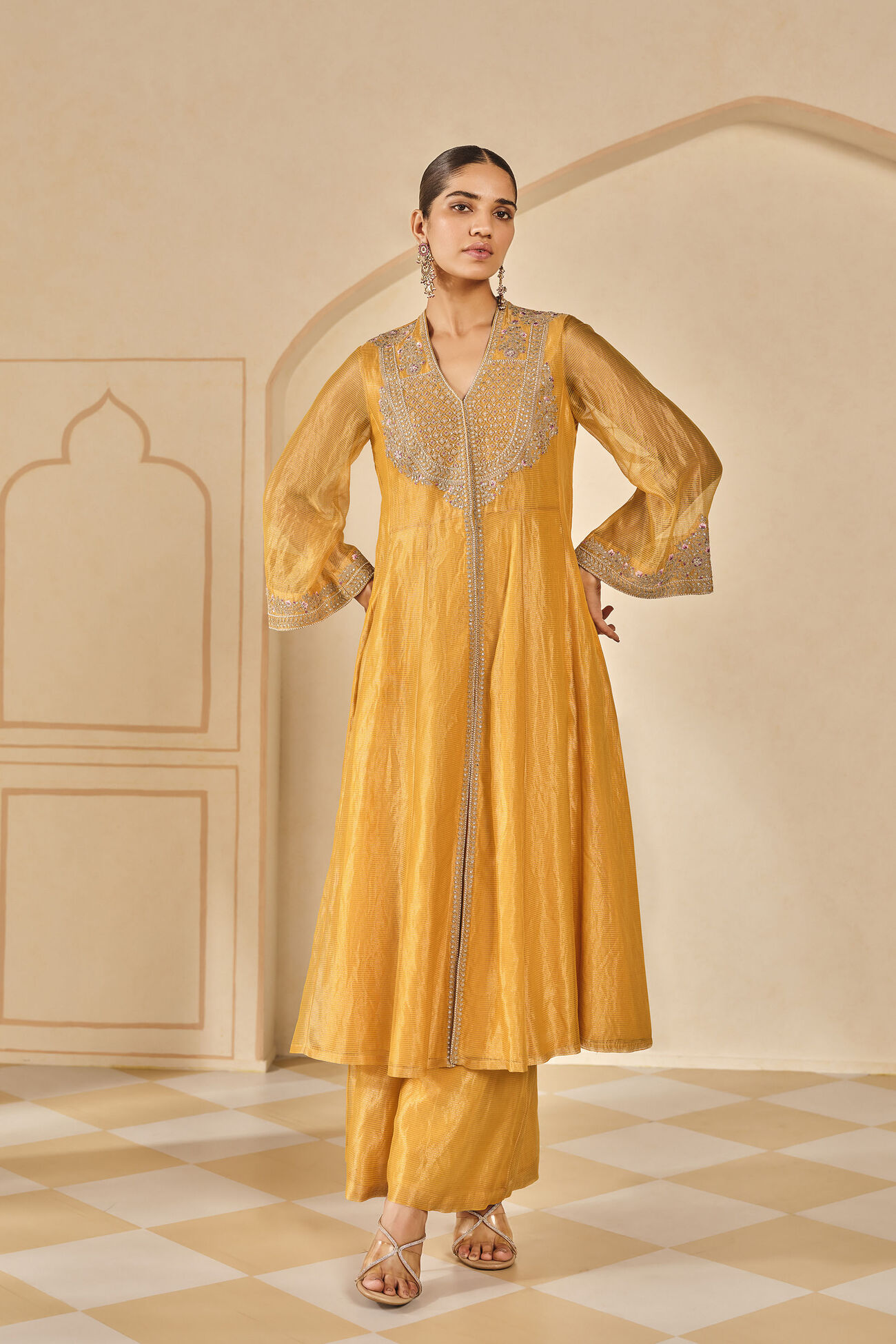 Azha Embroidered Zardozi Silk Jacket Set - Yellow, Yellow, image 1