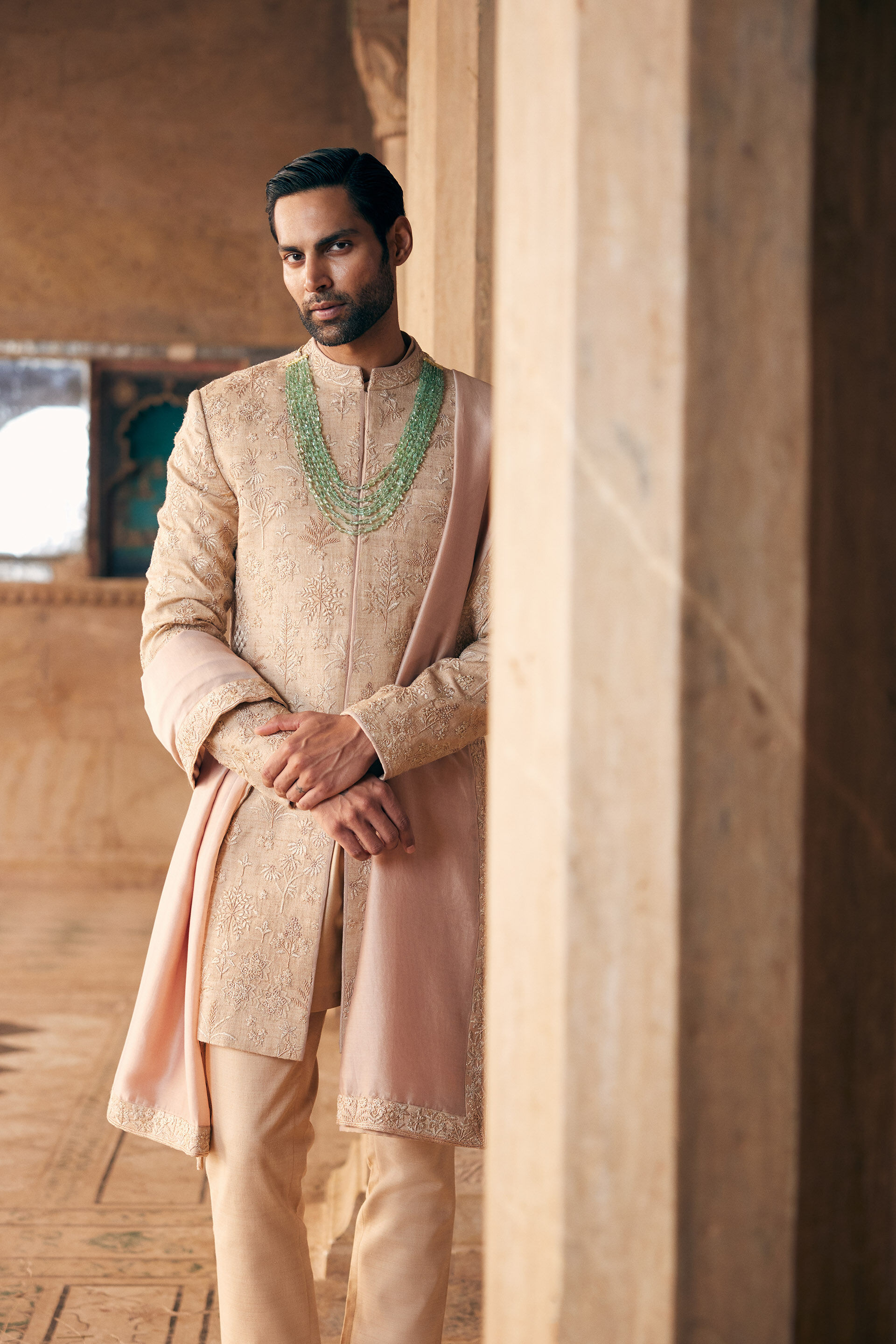 Zimraan Hand-embroidered Silk Sherwani - Beige, Beige, image 4