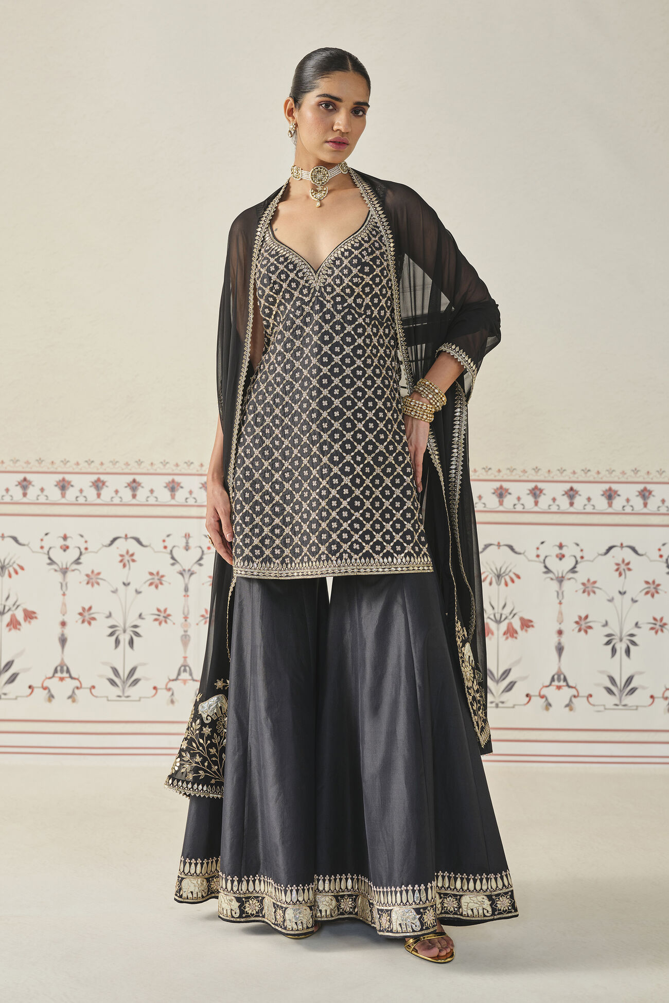 Rayna Gota Patti Silk Sharara Set - Black, Black, image 1