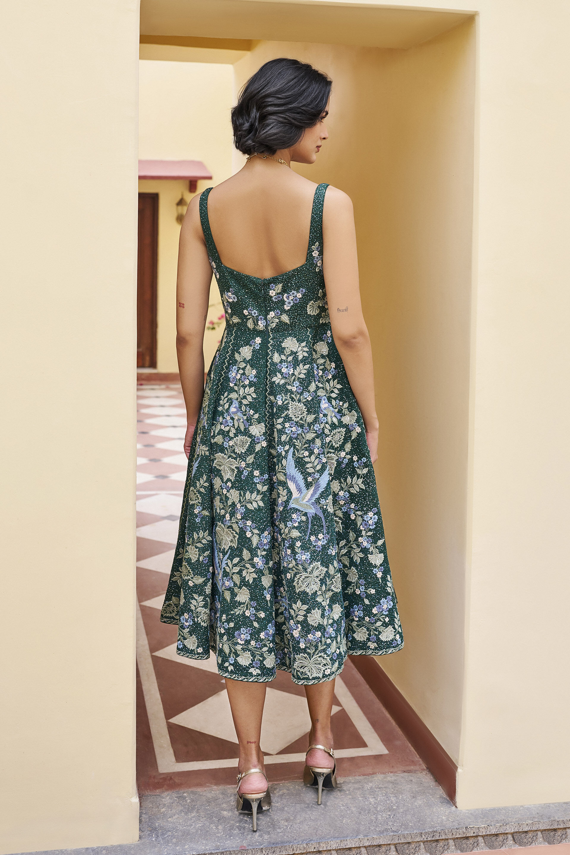 Swoon Embroidered Silk 50's Dress -&nbsp;Green