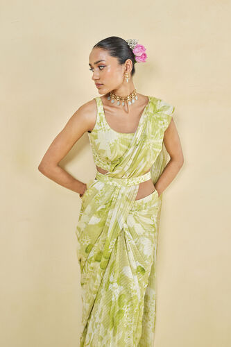 From The Tropics Georgette Pre-draped Saree - Lime, Lime, image 4