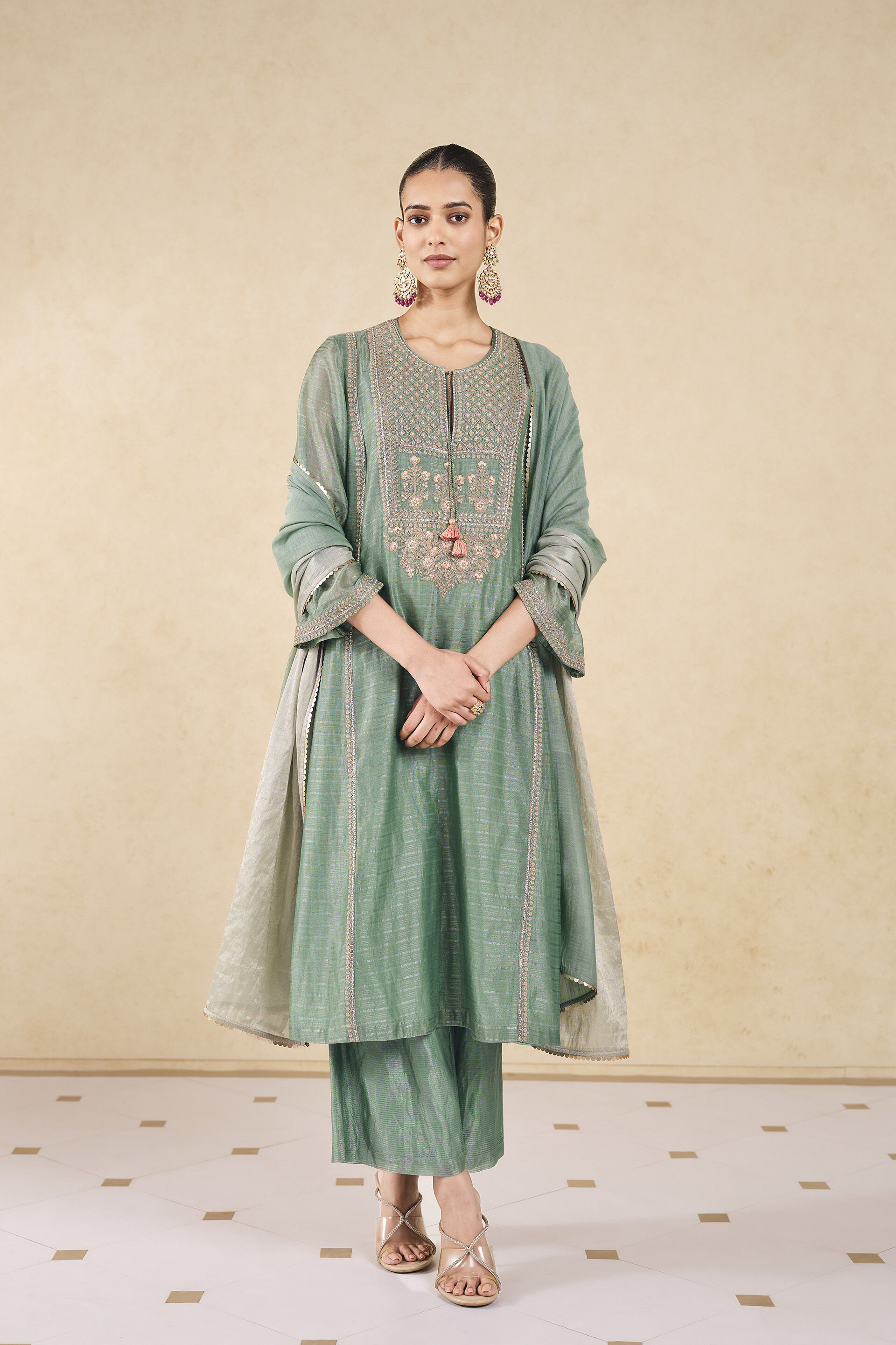 Mayar Embroidered Mul Suit Set - Sage
