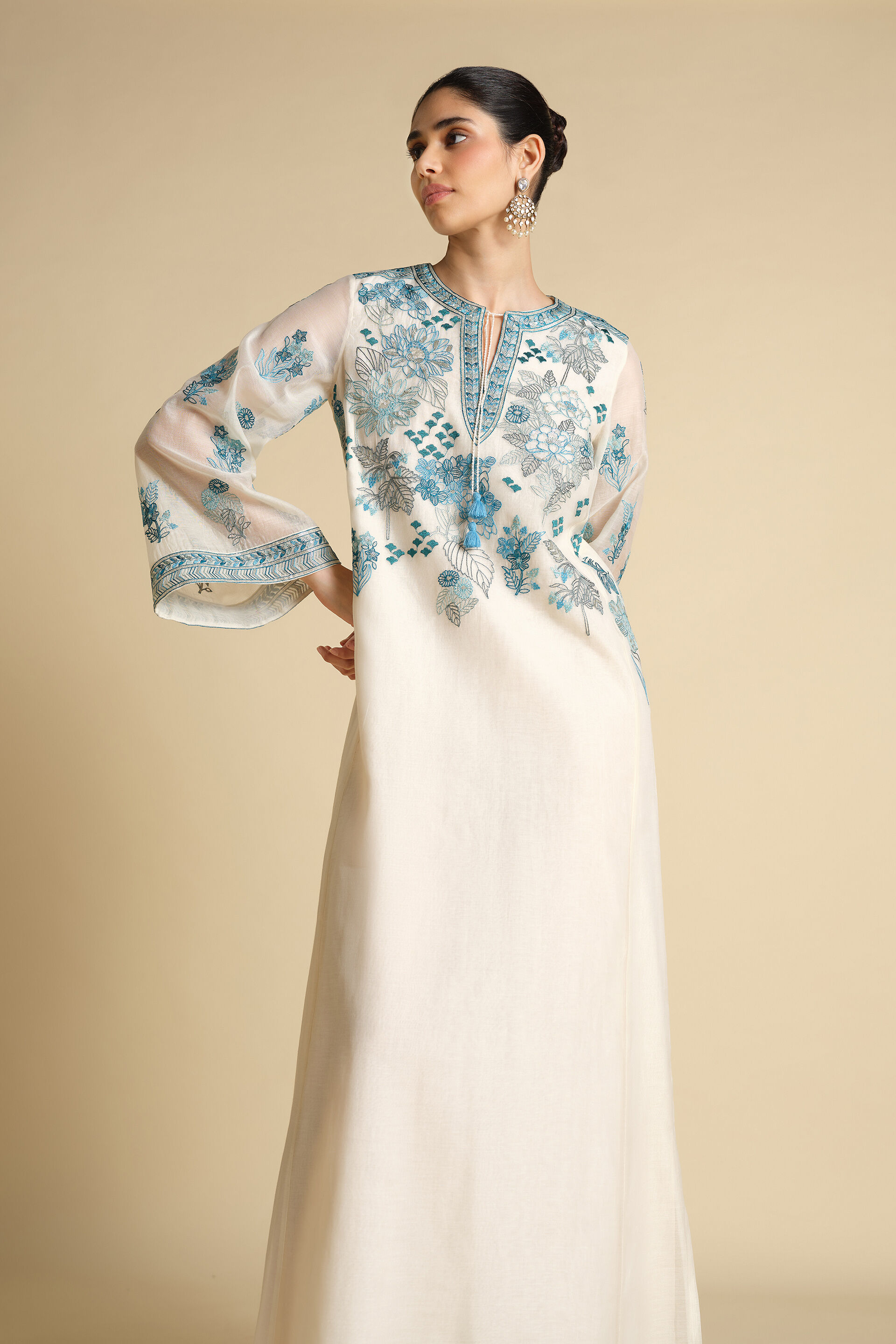 Akshiti Embroidered Mul Kaftan - Ivory, Ivory, image 3