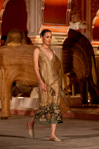 Heart Of The Forest Embroidered Zardozi Cocktail Dress - Gold, Gold, image 5