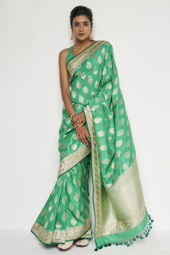 Adaj Benarasi Saree - Green, , image 1