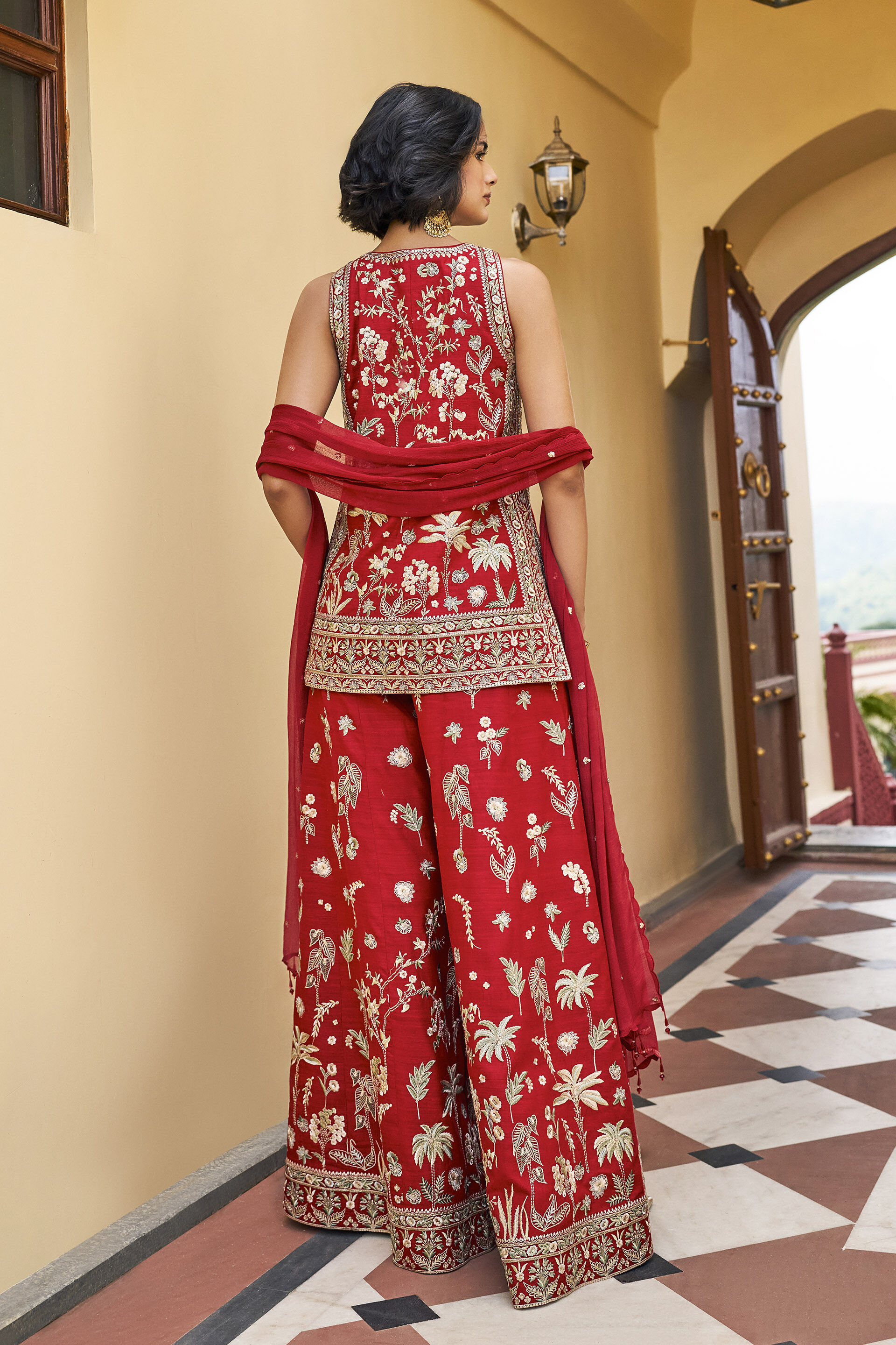 Ardour Embroidered Zardozi Silk Sharara Set - ​Red