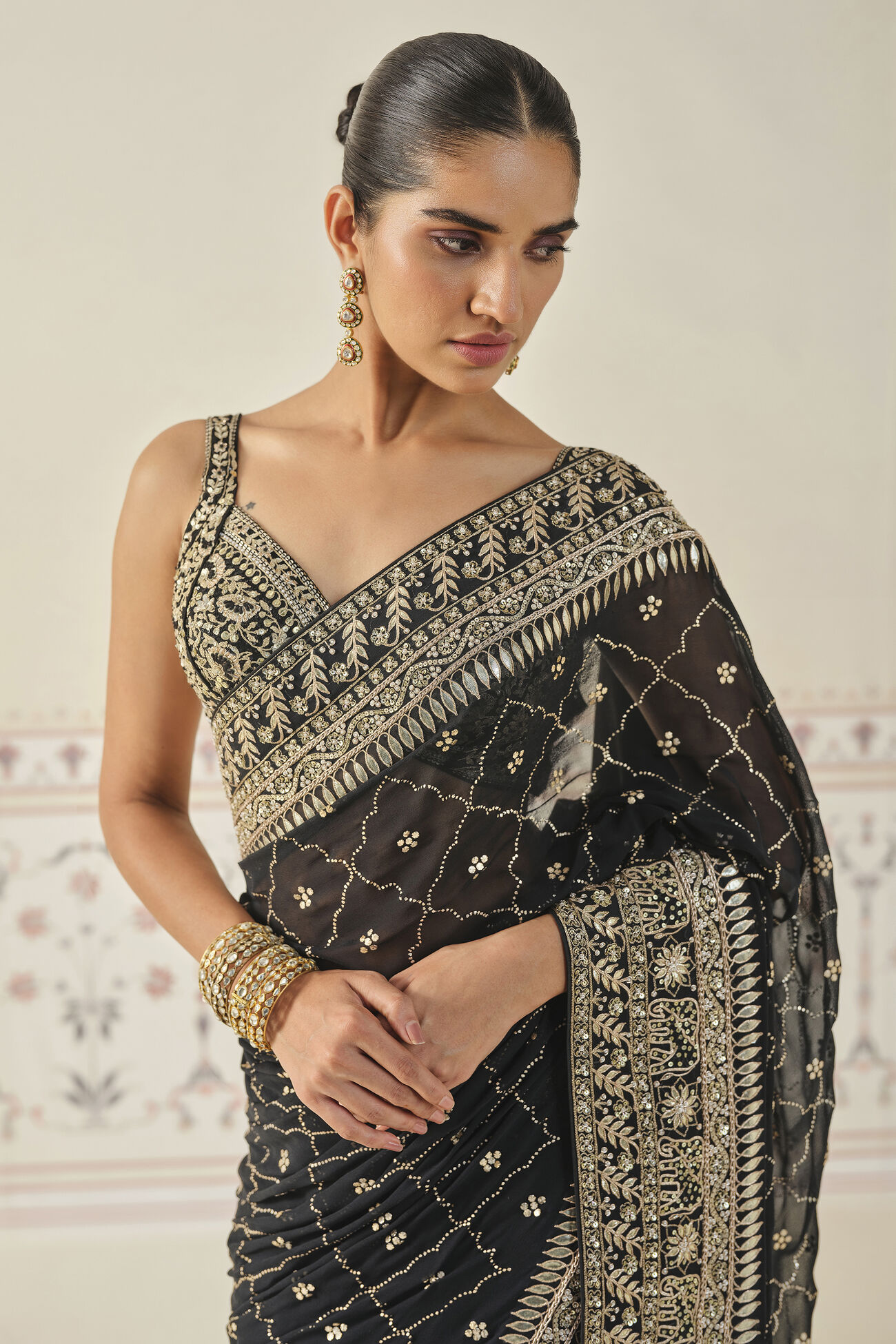 Anushna Handcrafted Badla Georgette Saree, Black, image 5