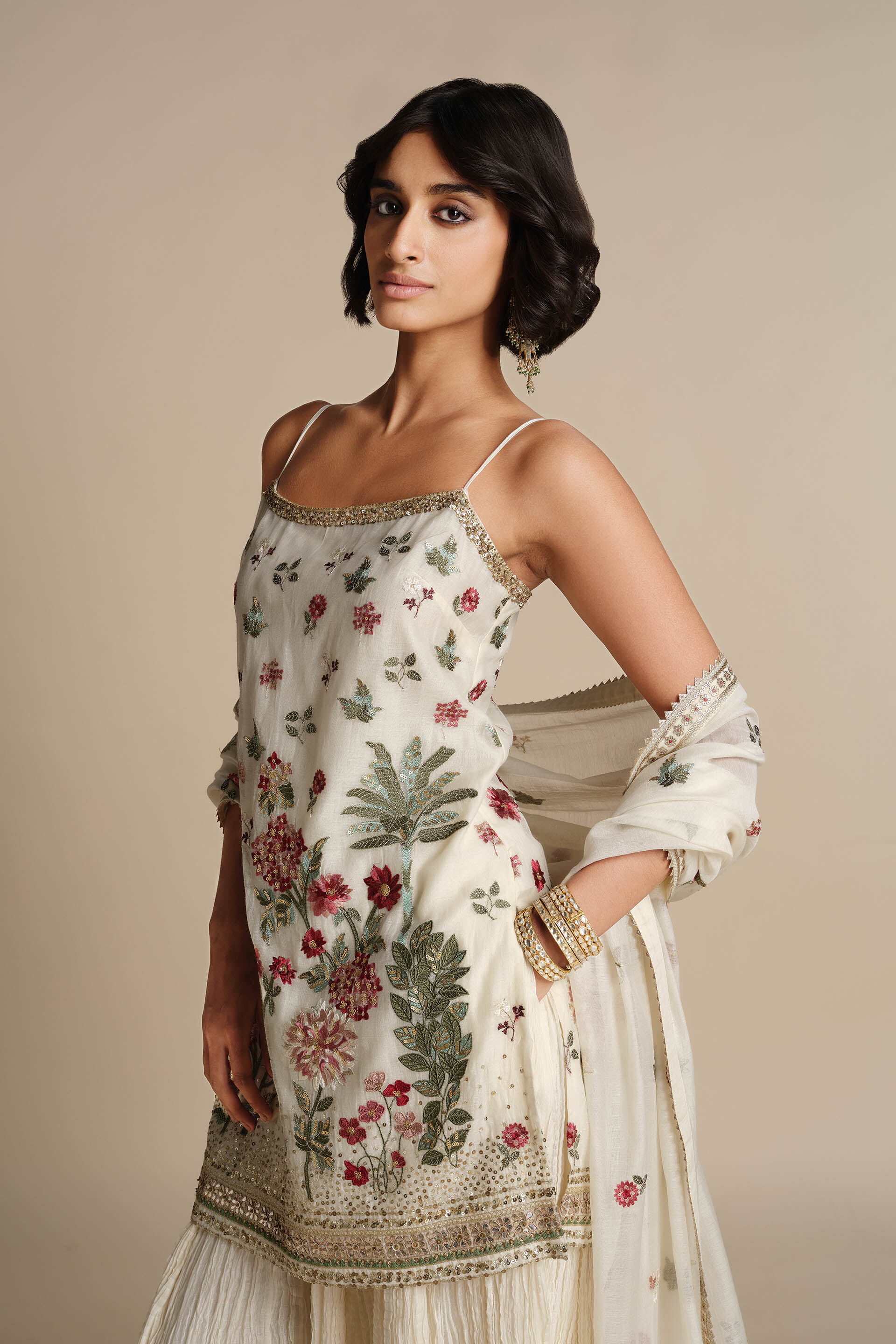 Alazne Embroidered Mul Sharara Set - Ivory, Natural, image 5