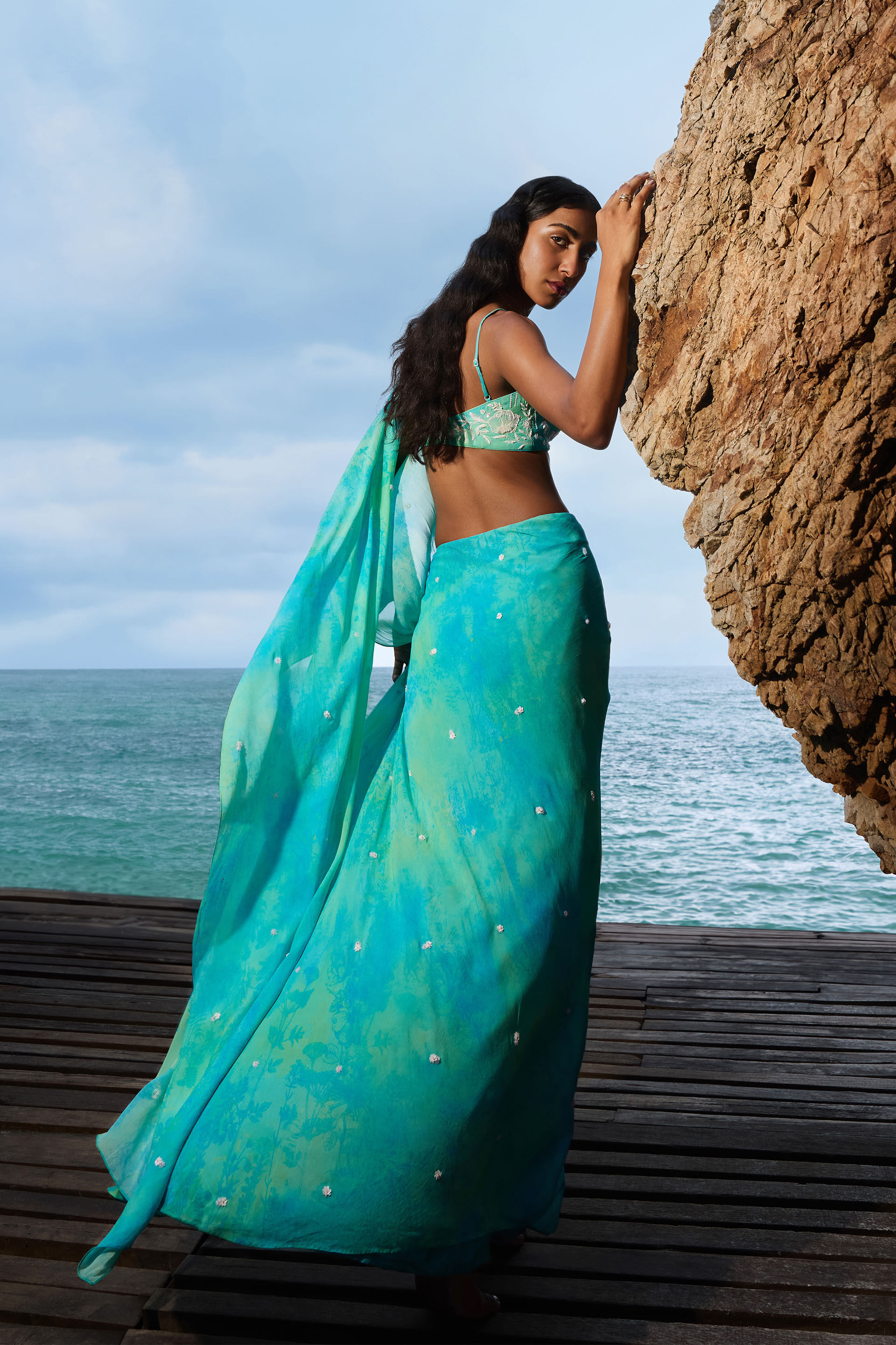 Praya Georgette Pre-draped Saree Set - Aqua, Aqua, image 2