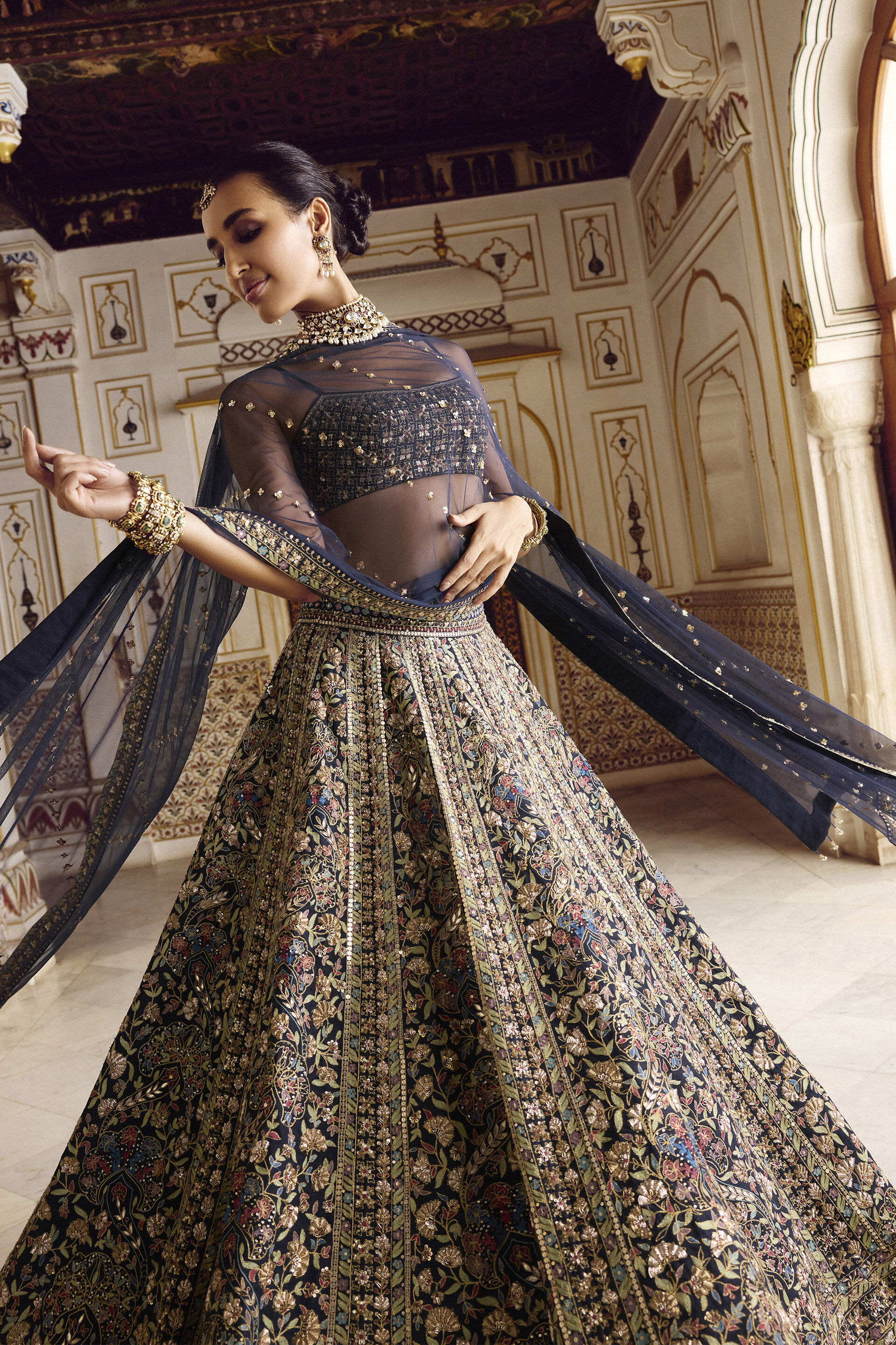 Elakshi Embroidered Silk Lehenga Set - Blue, Navy, image 3