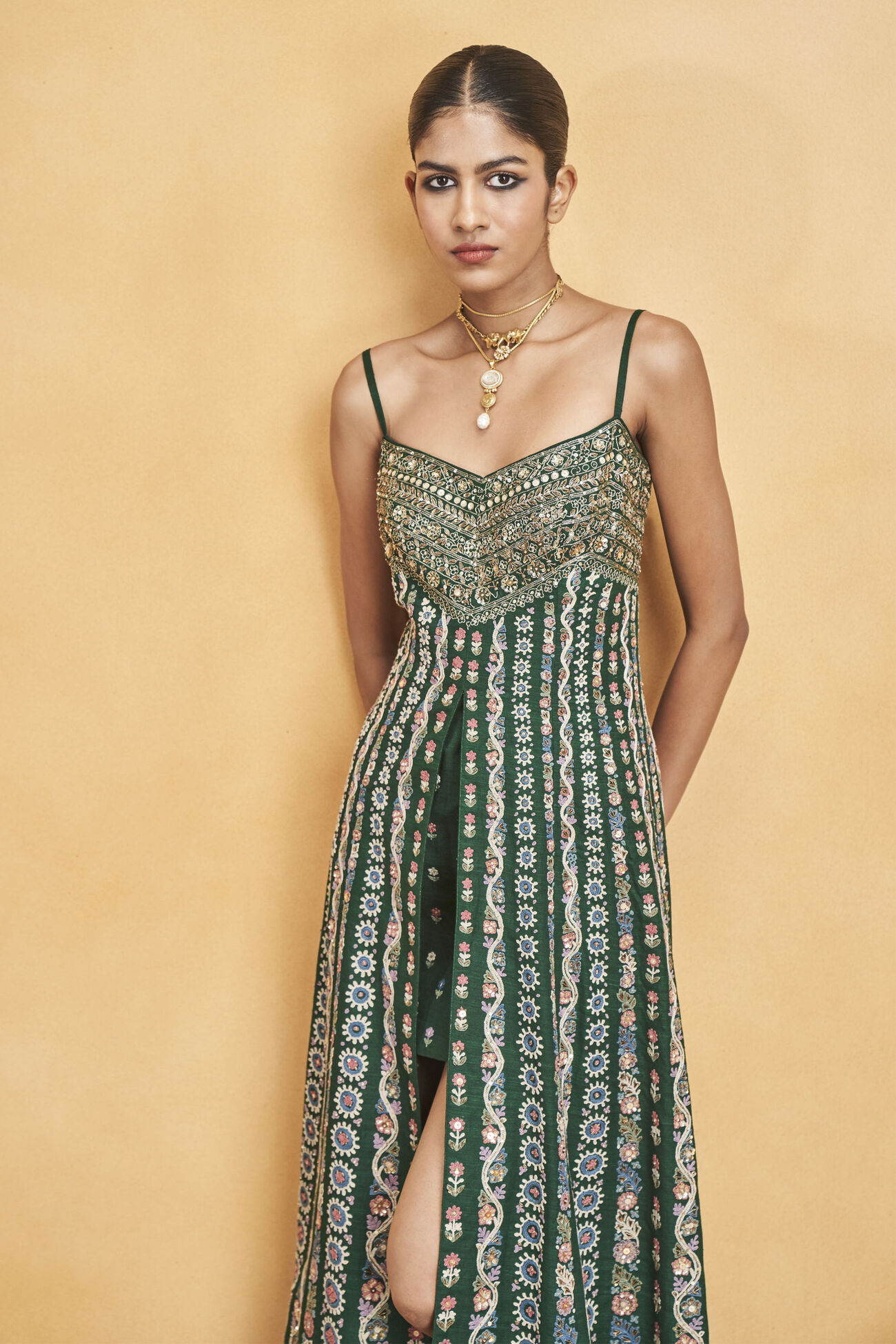 Sounds Of The Forest SEWA Hand-embroidered Silk Dress, Green, image 5