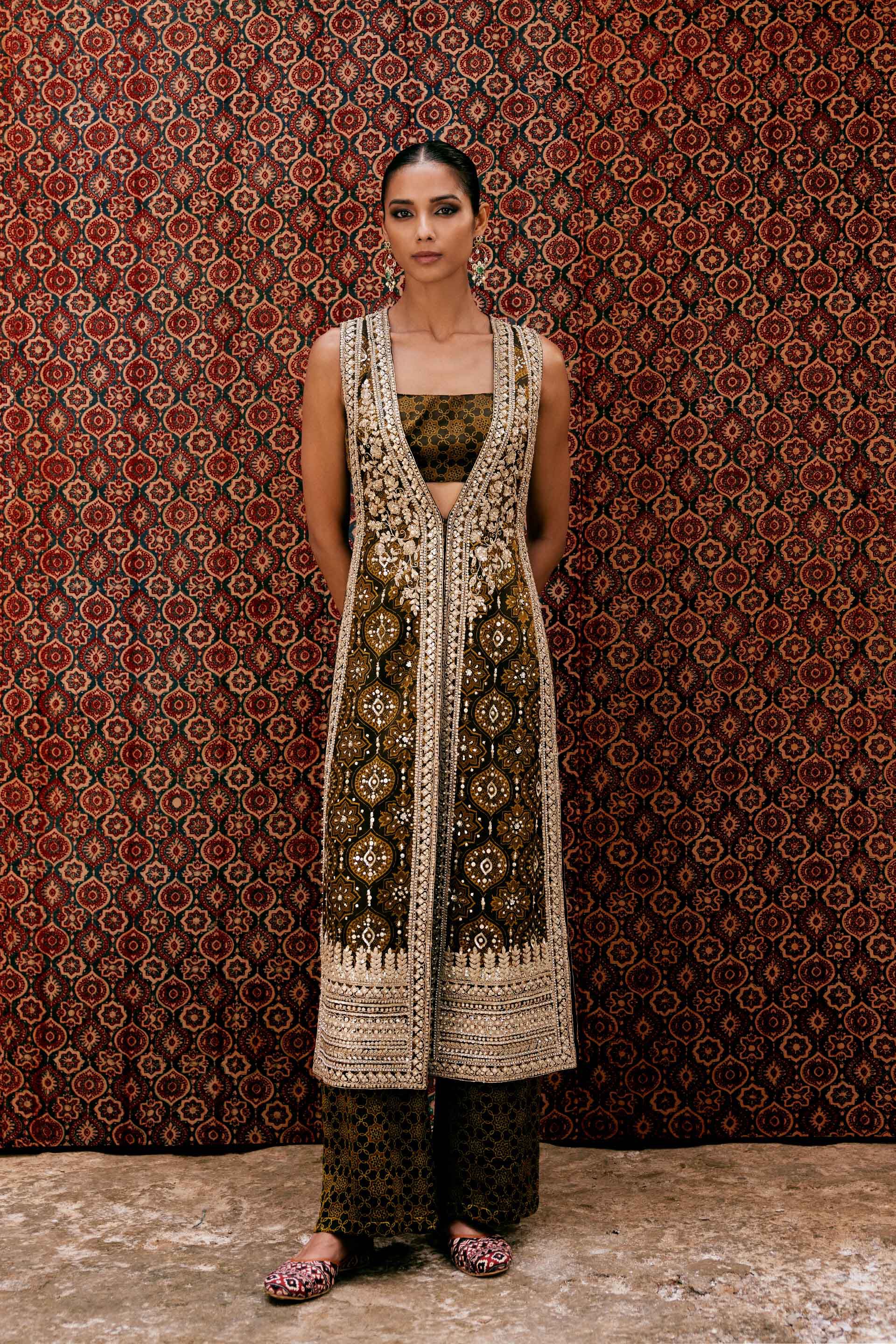 Souheir Ajrakh Hand-block Printed Silk Tabard Set - Olive