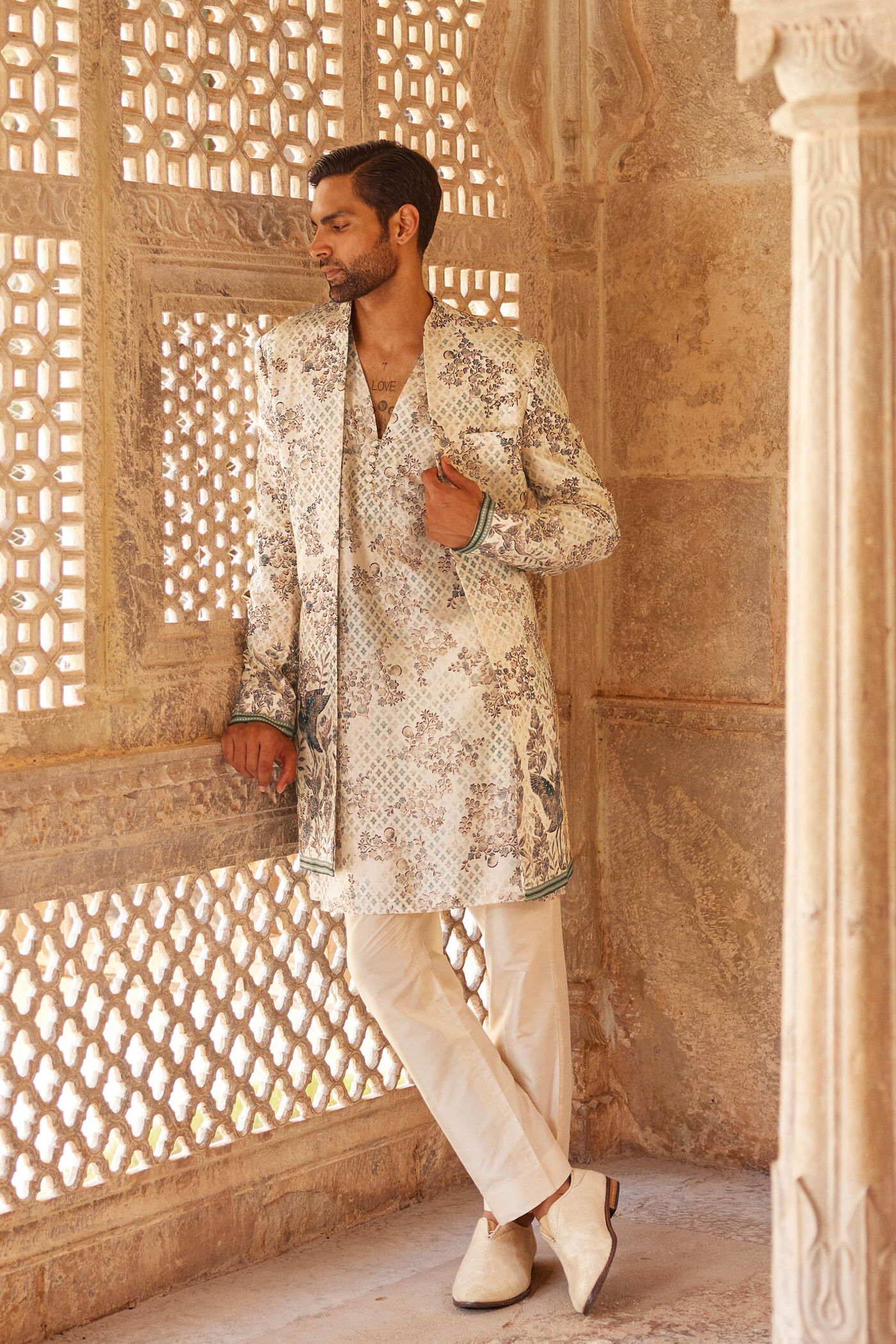 Rukham Printed Sherwani - Ivory