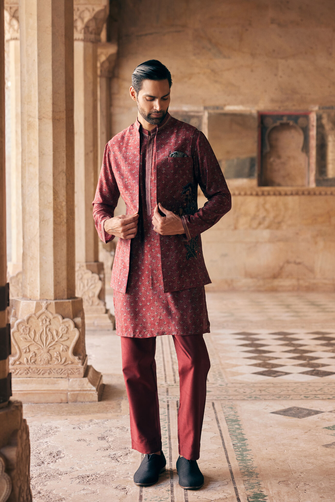 Buy Designer Humair Printed Silk Nehru Jacket Maroon Online from