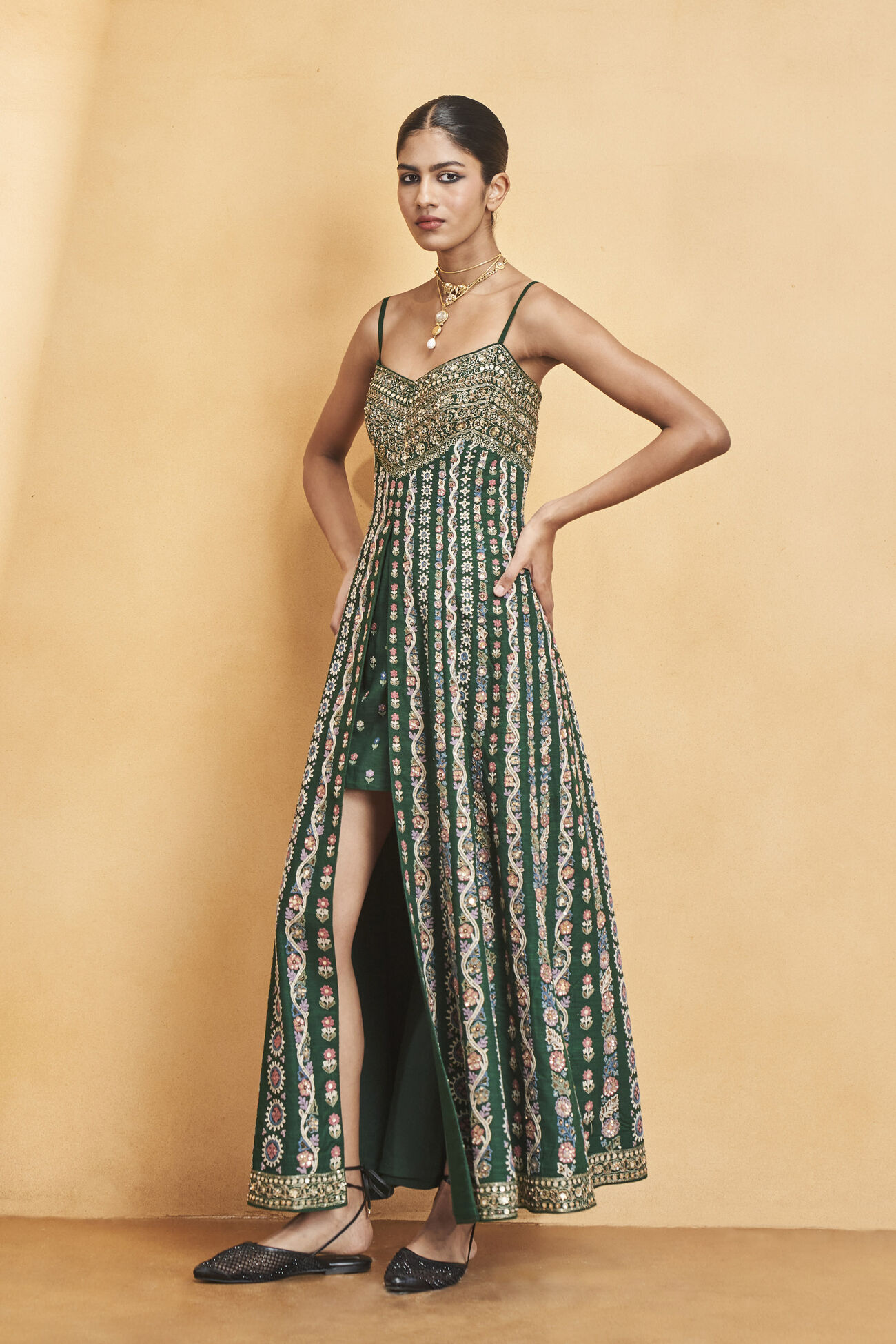 Sounds Of The Forest SEWA Hand-embroidered Silk Dress, Green, image 3
