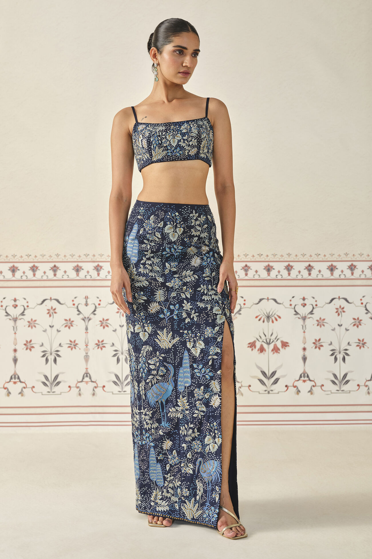 Geosmin Embroidered Zardozi Silk Skirt Set - Blue, Navy, image 1