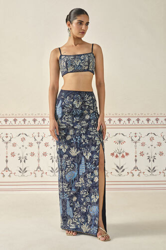 Geosmin Embroidered Zardozi Silk Skirt Set - Blue, Navy, image 1