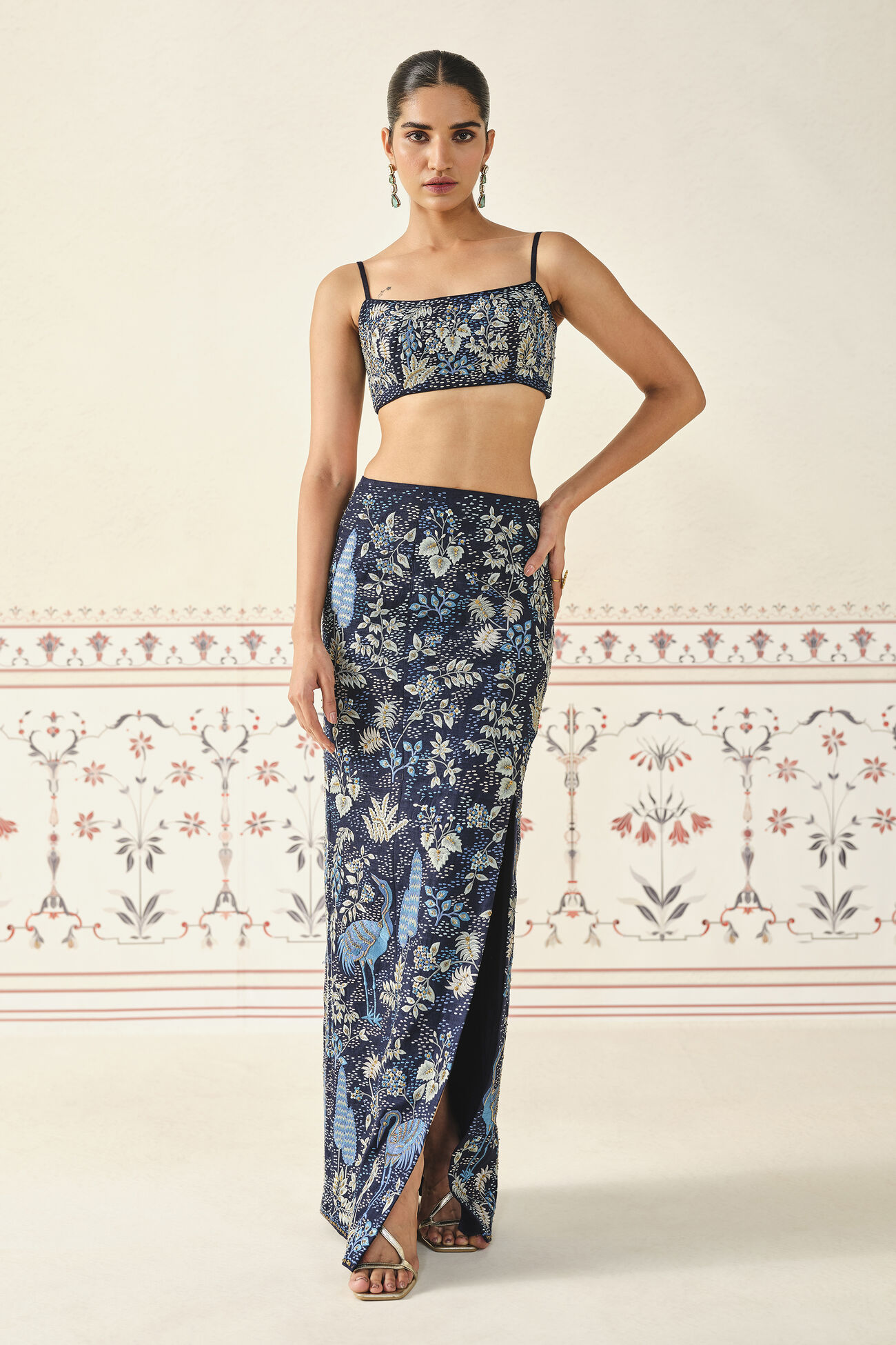 Geosmin Embroidered Zardozi Silk Skirt Set - Blue, Navy, image 7