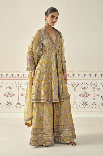 Sunburst Embroidered Zardozi Sharara Set - Yellow, Mustard, image 3