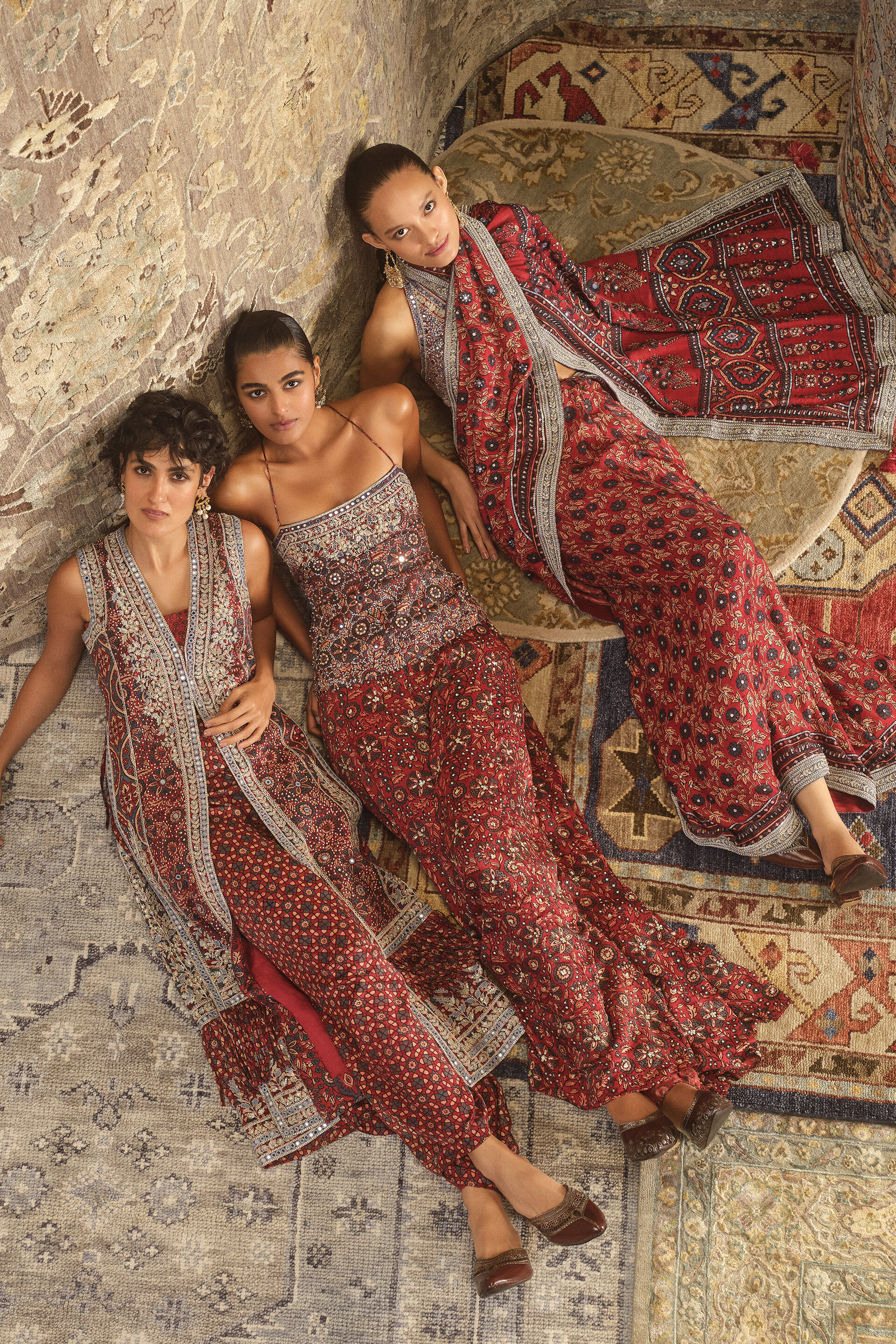 Bhuvi Ajrakh Hand-block Printed Fringe Silk Tabard Set  - Red, Red, image 3