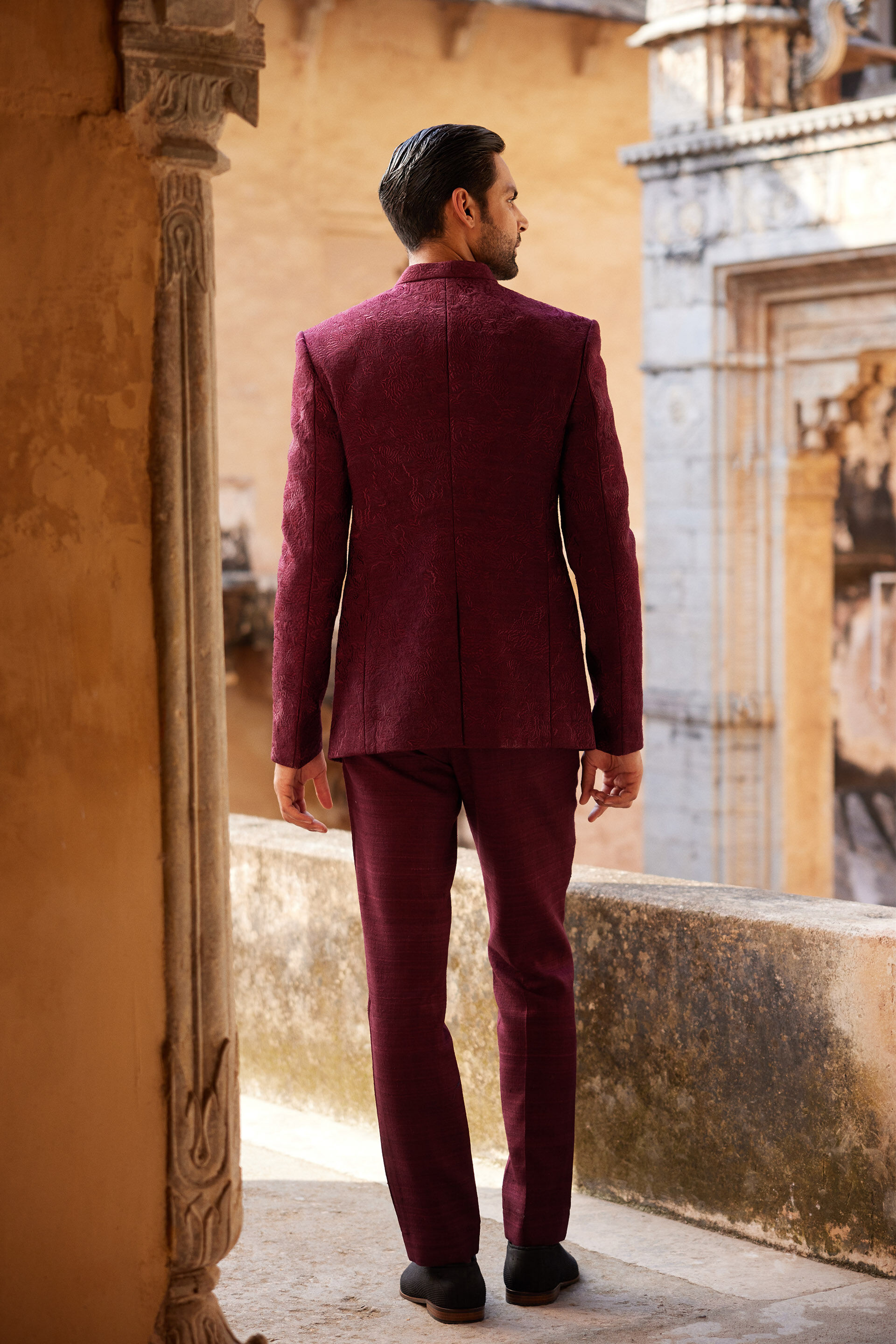 Uprag Embroidered Silk Bandhgala - Plum