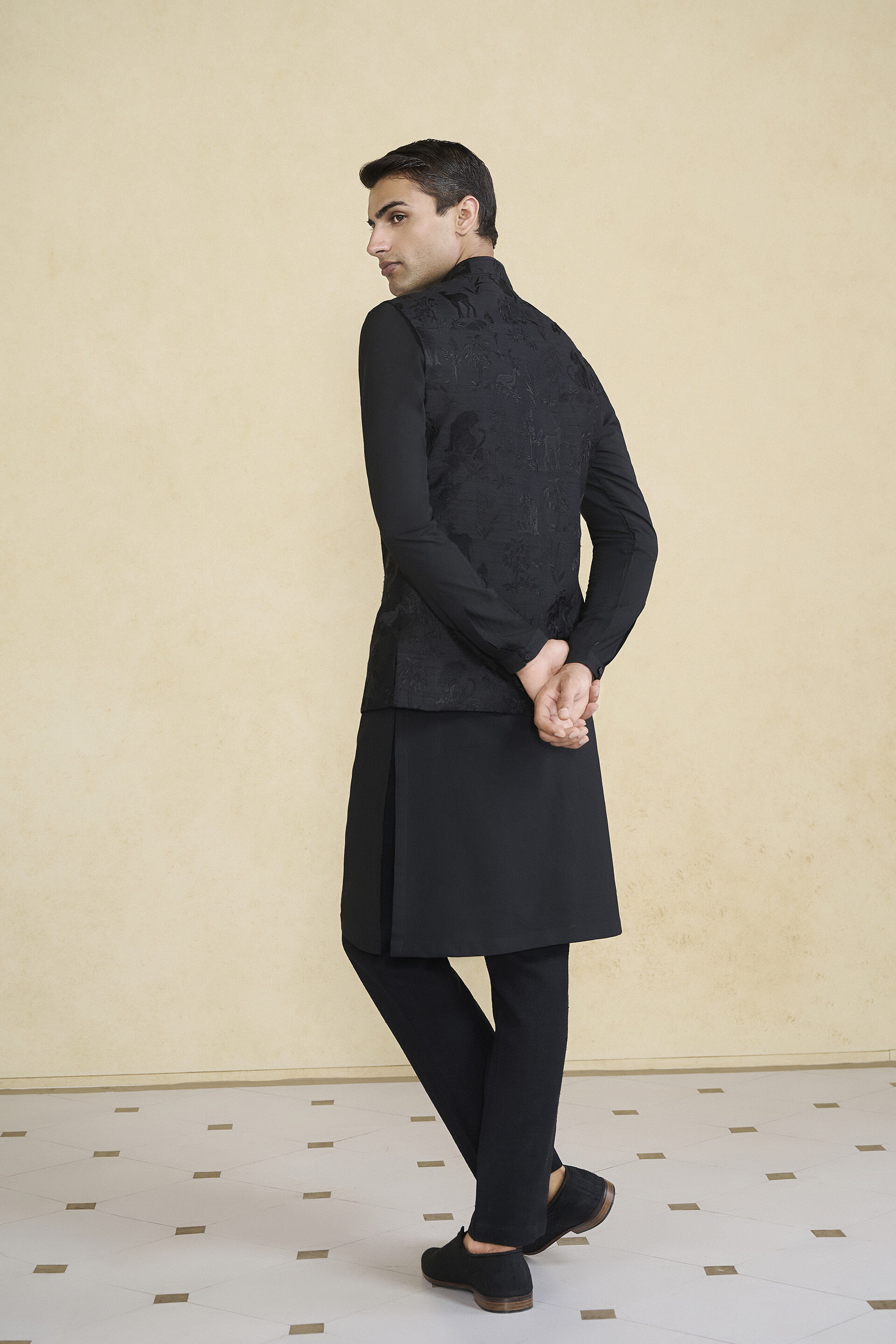 Atik Embroidered Silk Nehru Jacket Black