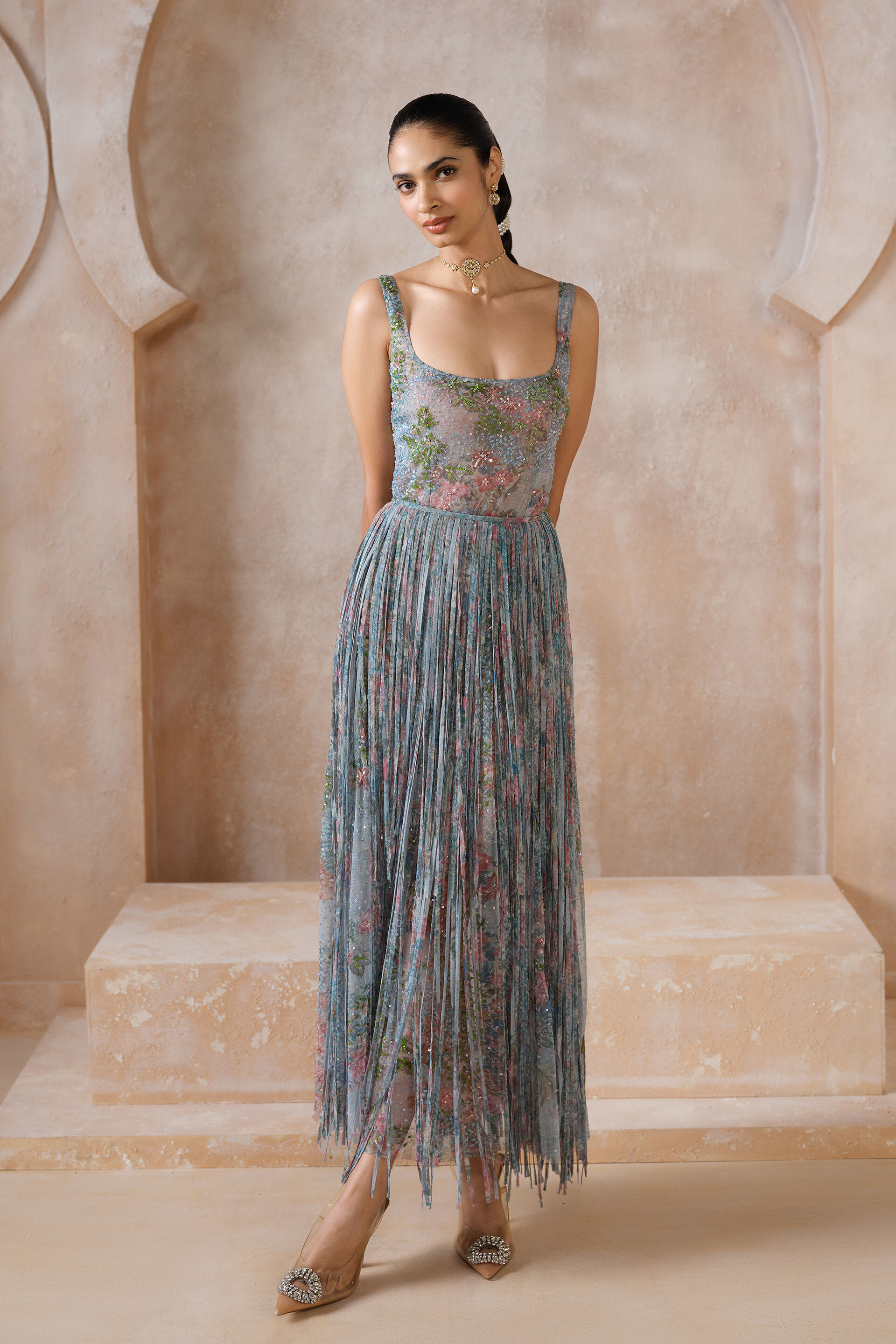 Blooming Meadows Embroidered Skirt Set - Powder Blue