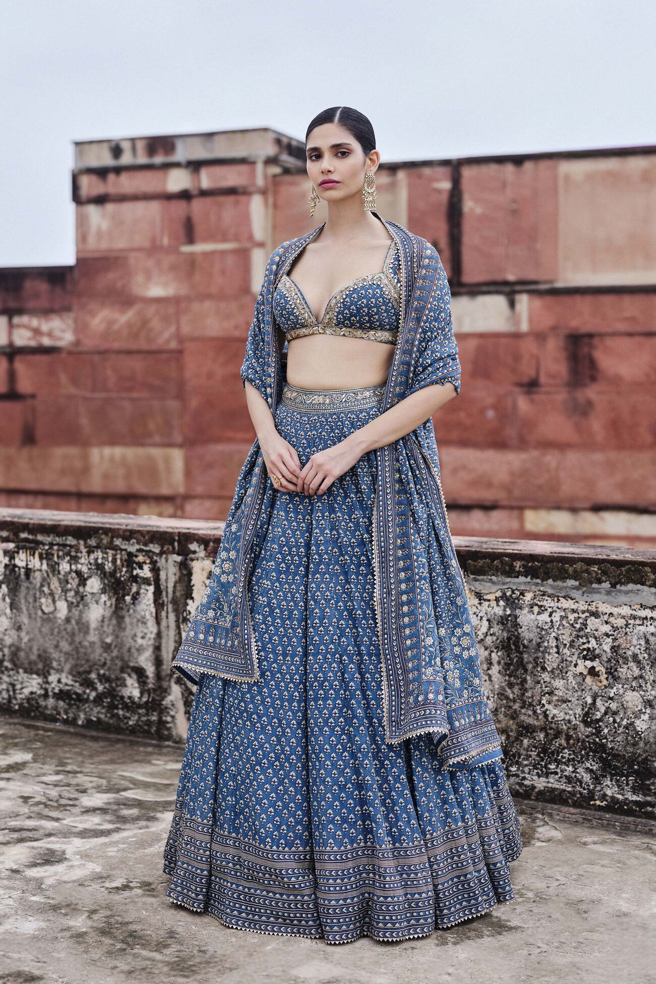 Abjini Printed Mul Lehenga Set - Blue, Blue, image 1