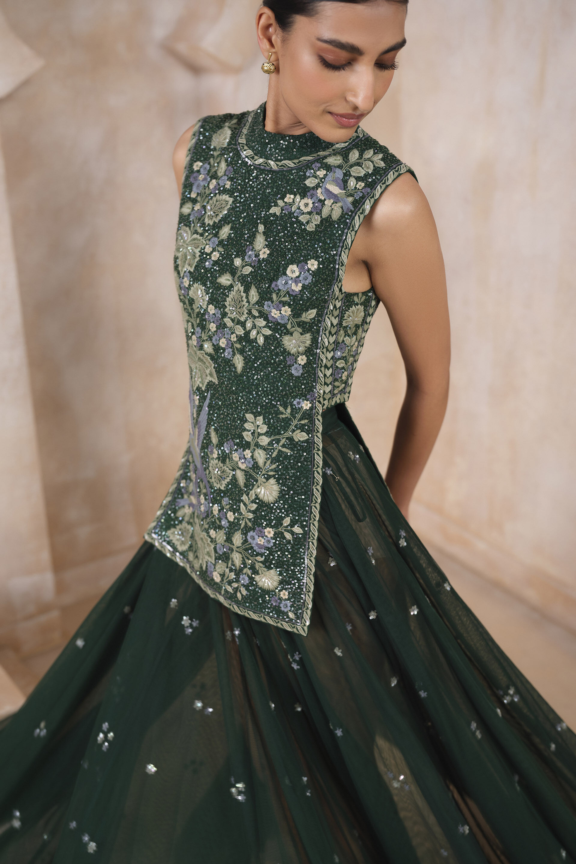 Iva Embroidered Applique Silk Skirt Set - Green, Green, image 4